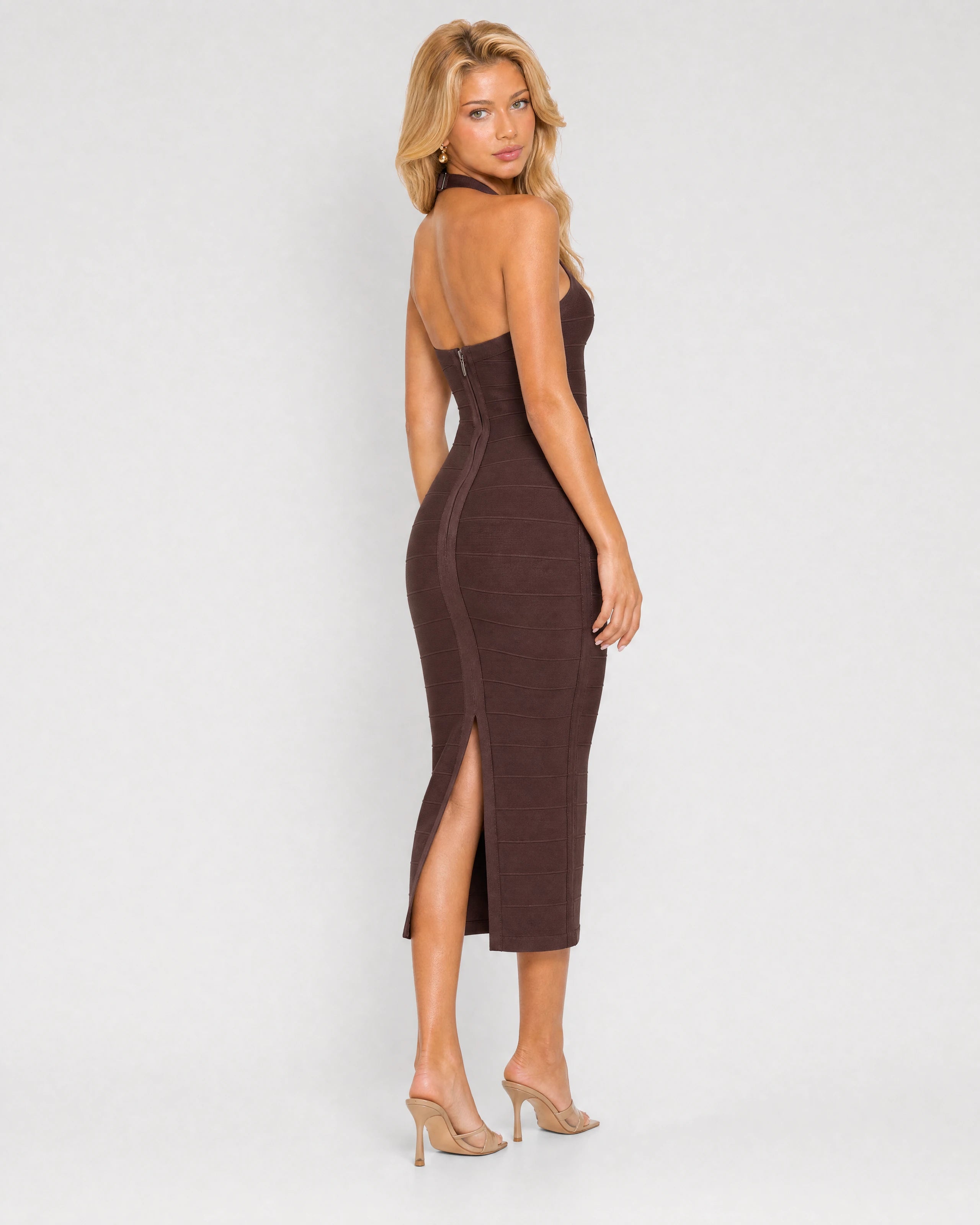 Margaux chocolate brown bandage midi dress - back three-quarter