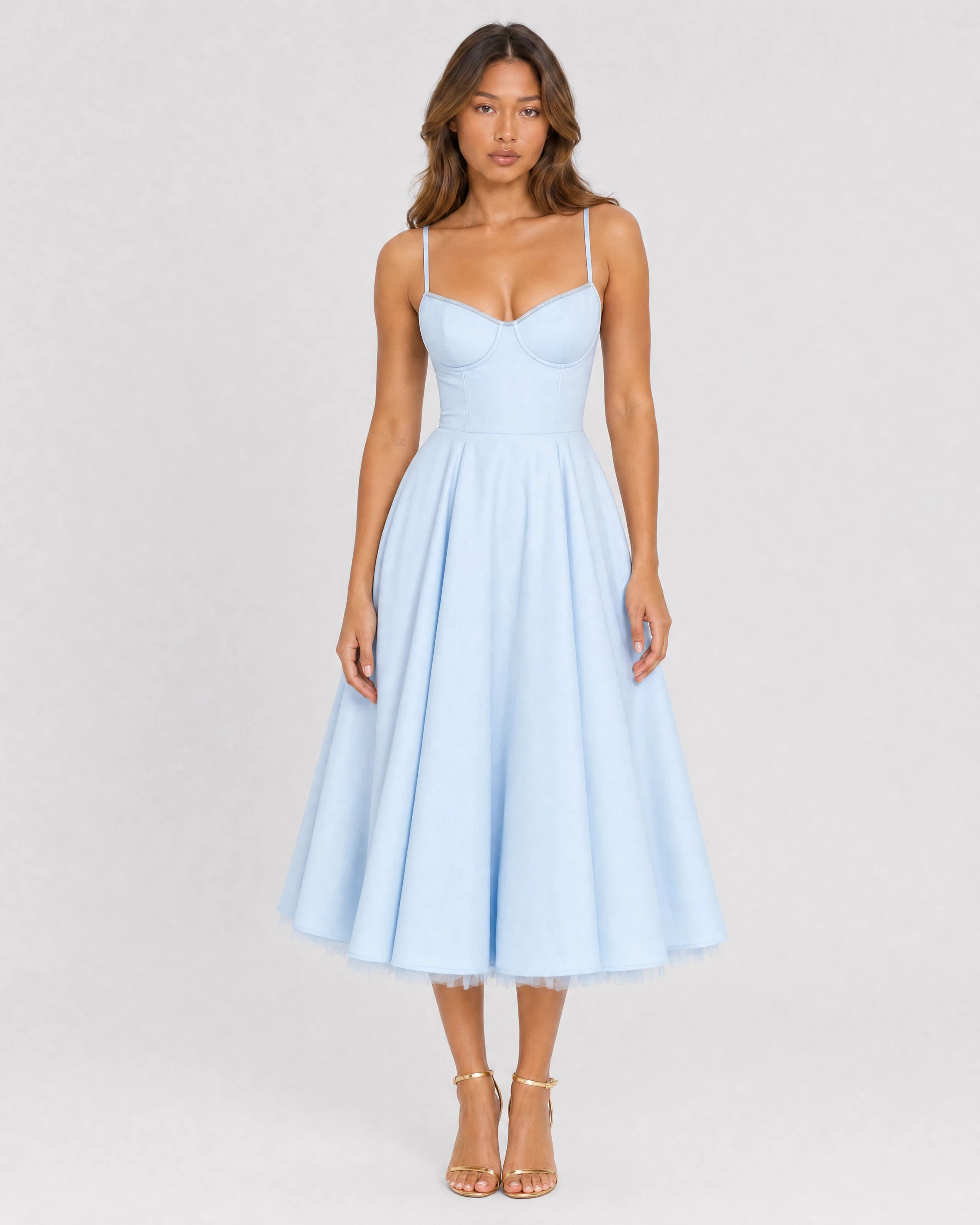 Mirabelle sweetheart tulle midi dress in baby blue, front studio