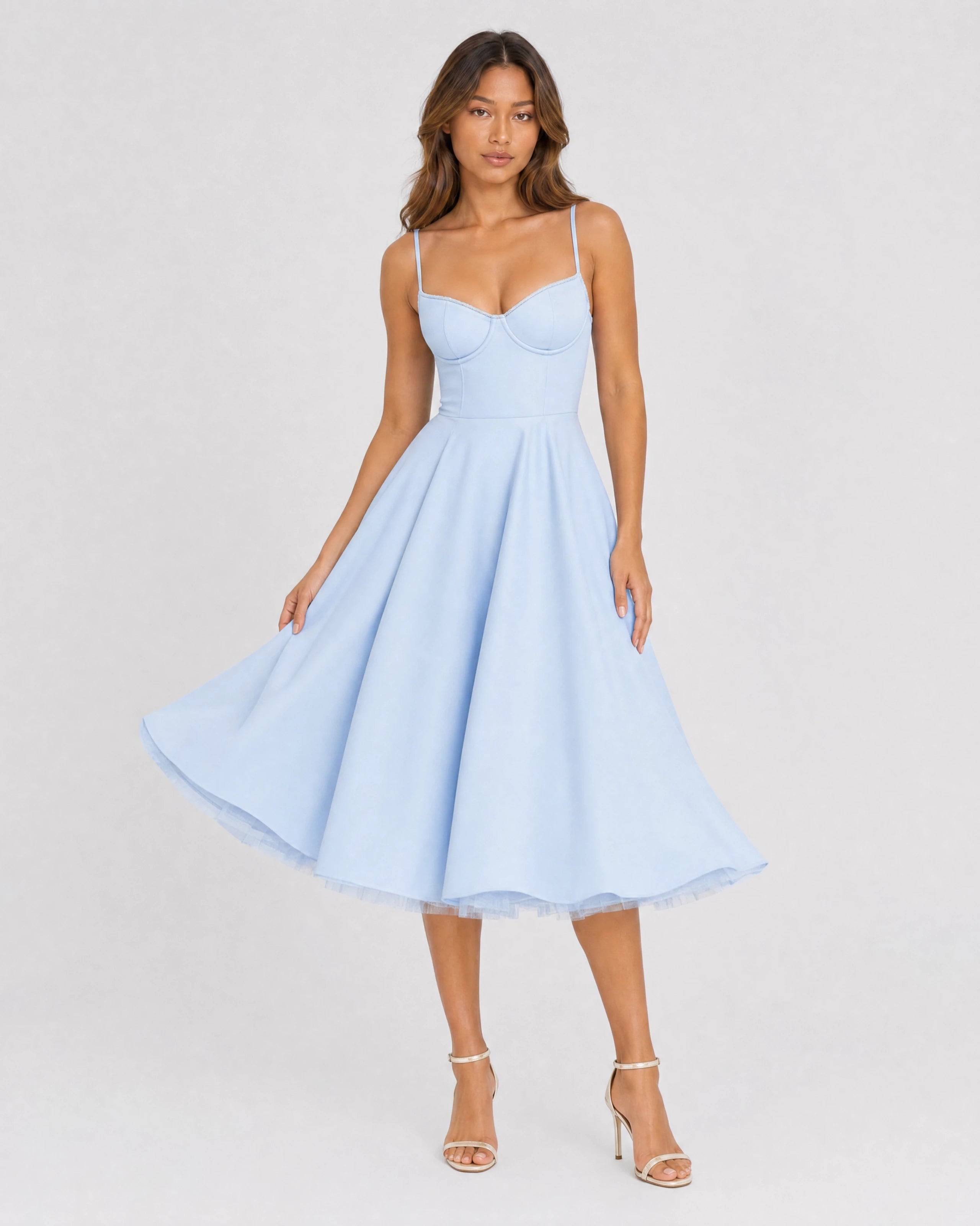 Mirabelle baby blue tulle midi dress, skirt in motion