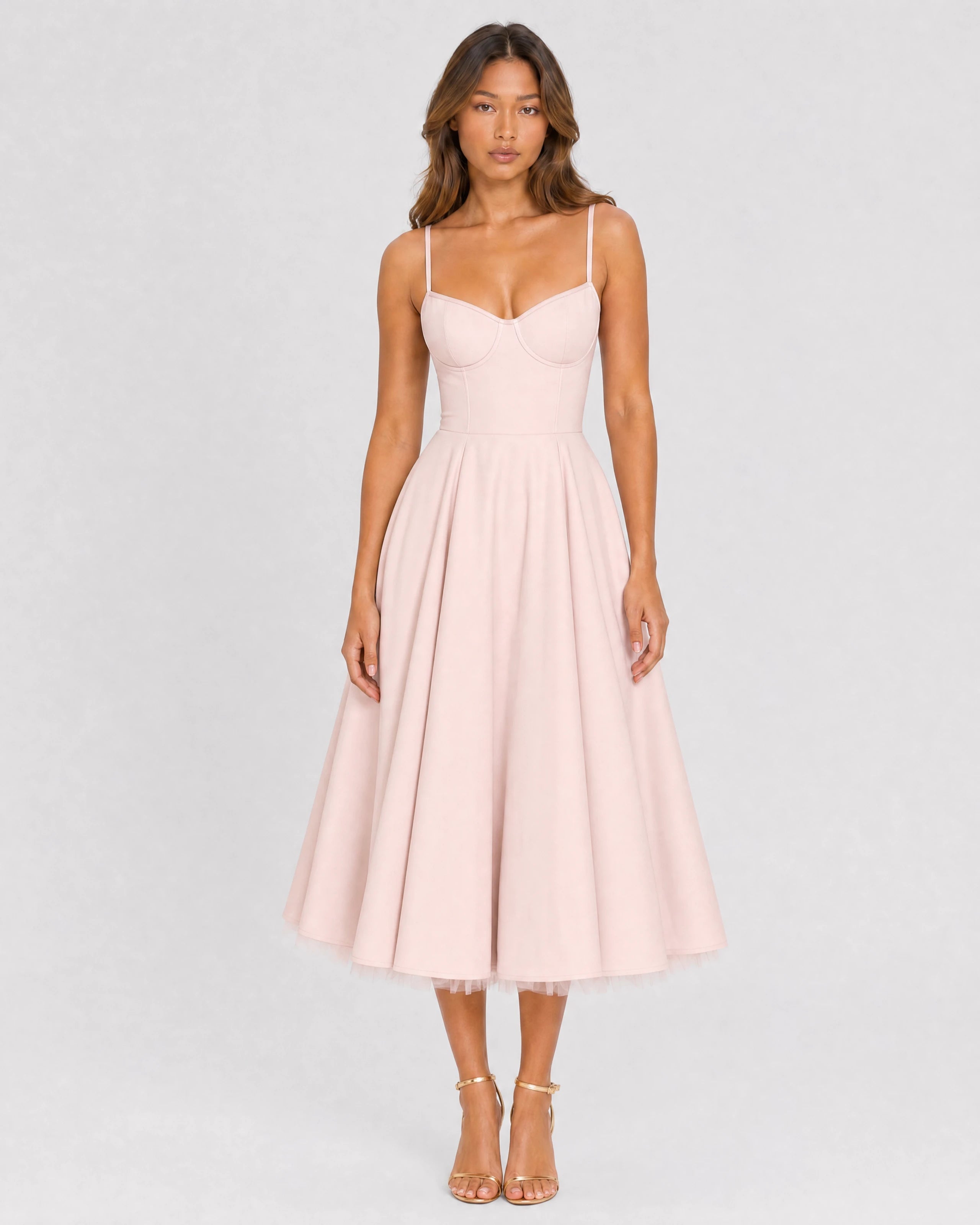 Mirabelle sweetheart tulle midi dress in blush pink, front studio