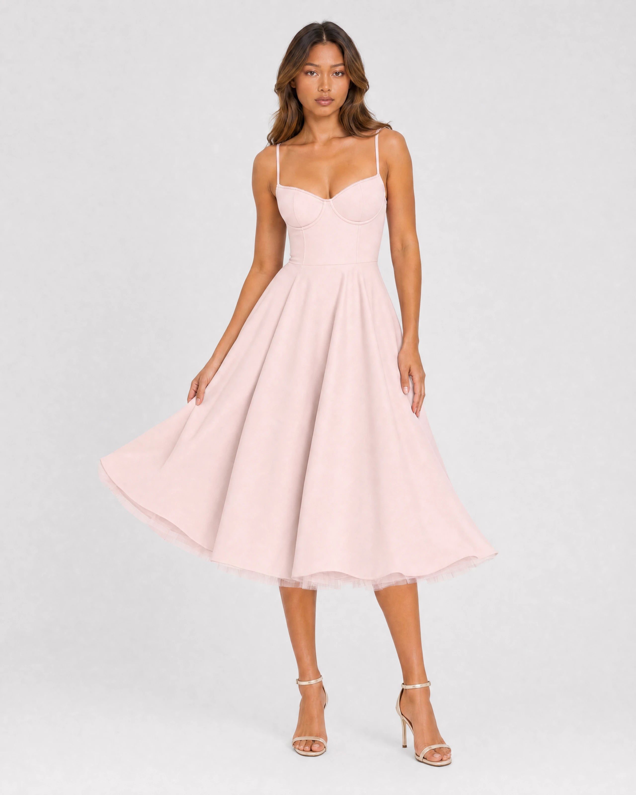 Mirabelle sweetheart tulle midi dress in blush pink, skirt in motion
