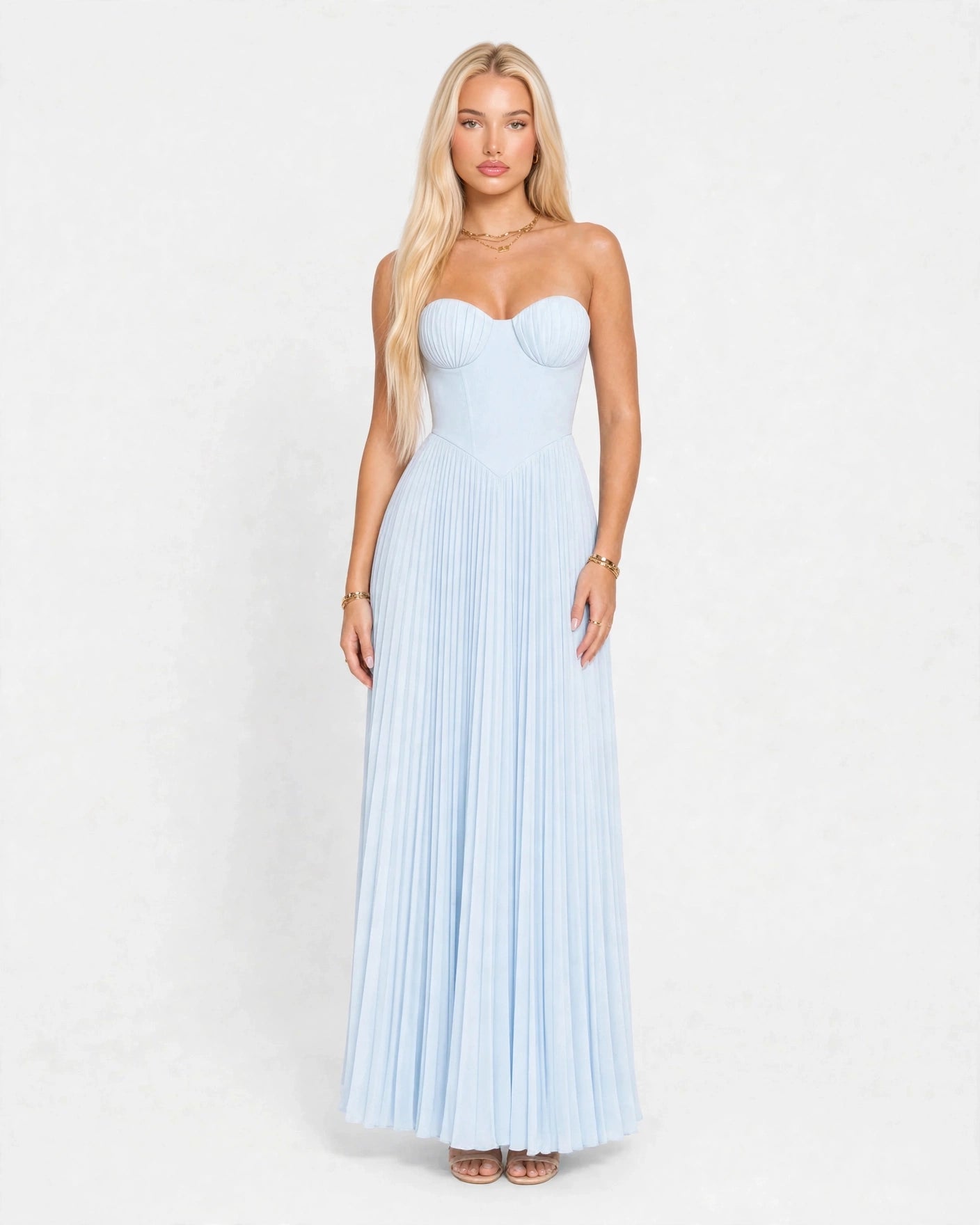 Noelle sky blue pleated maxi dress with shell bustier, front view