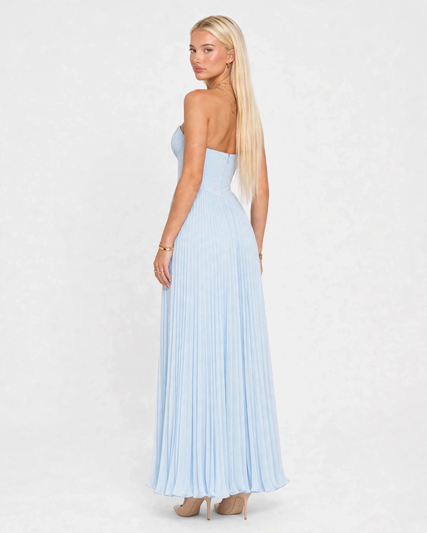 Noelle sky blue pleated maxi dress, three-quarter view