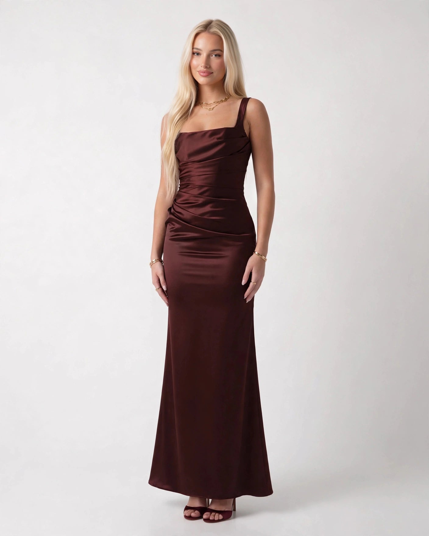 Nora brown satin column maxi gown with draped bodice, front view