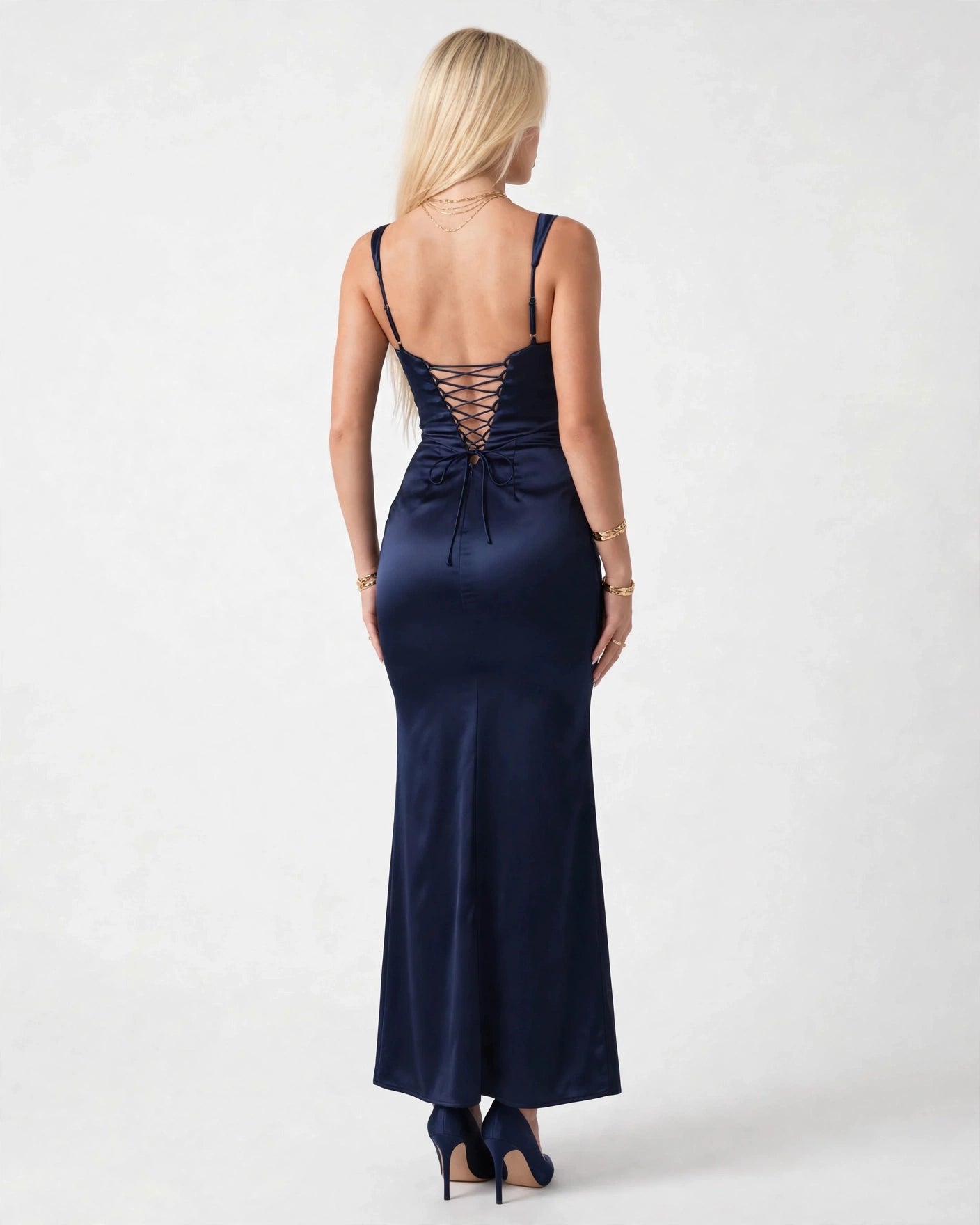 Nora navy blue satin column maxi gown lace-up back, back view