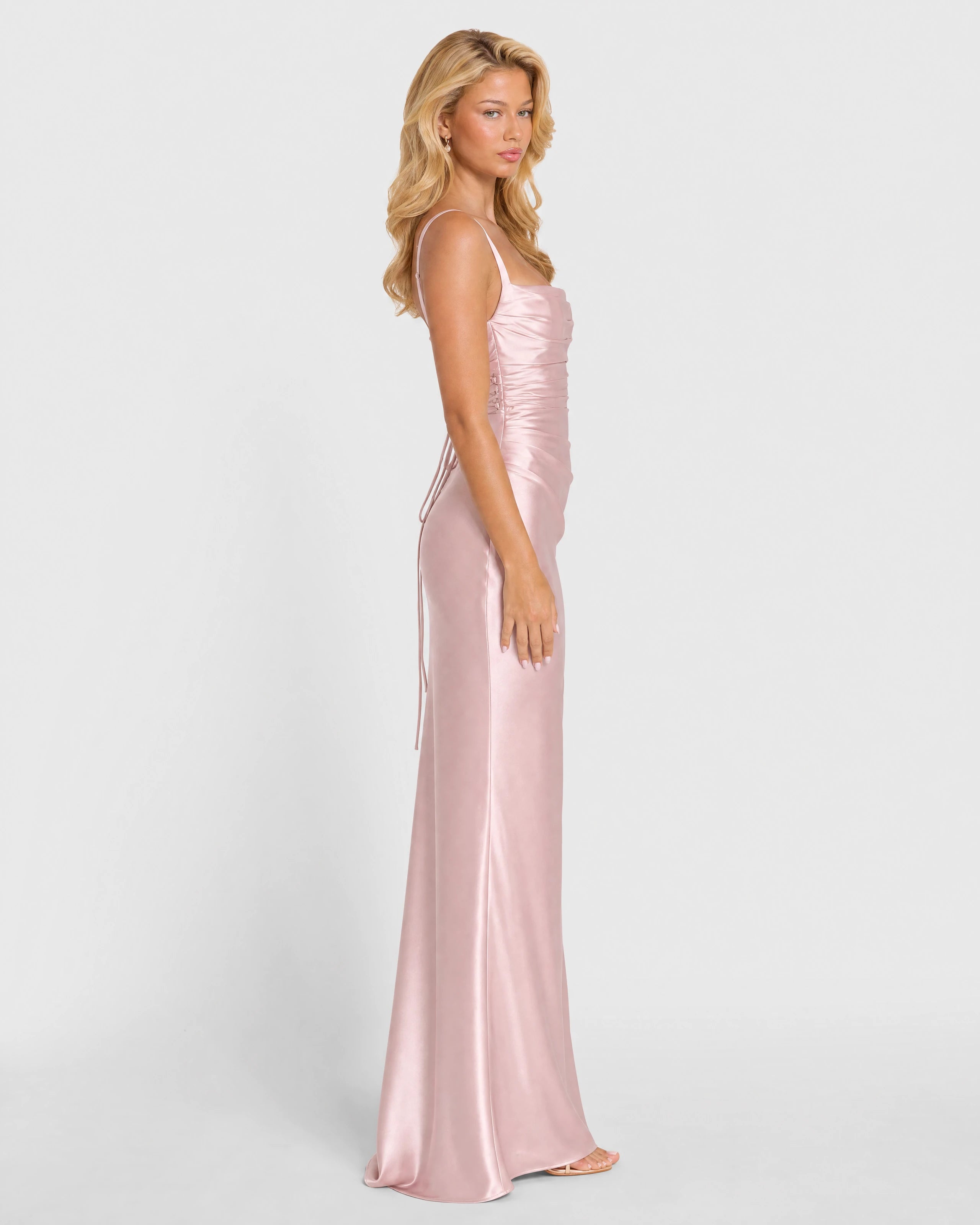 Nora soft pink satin column gown - side profile