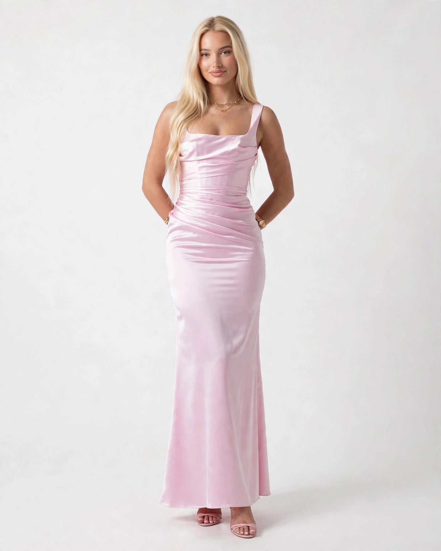 Nora soft pink satin column maxi gown with draped bodice, front view