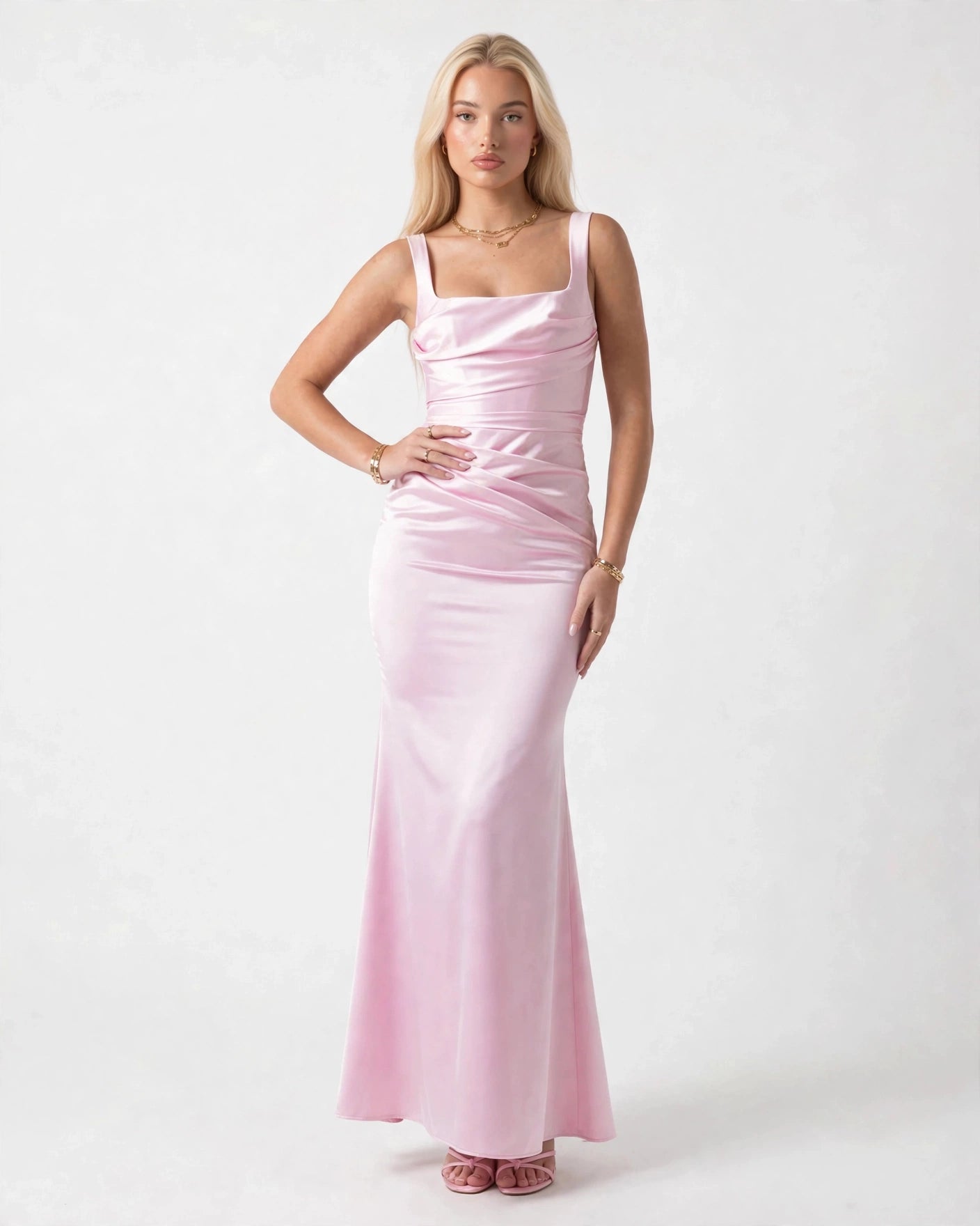 Nora soft pink satin column maxi gown, front view