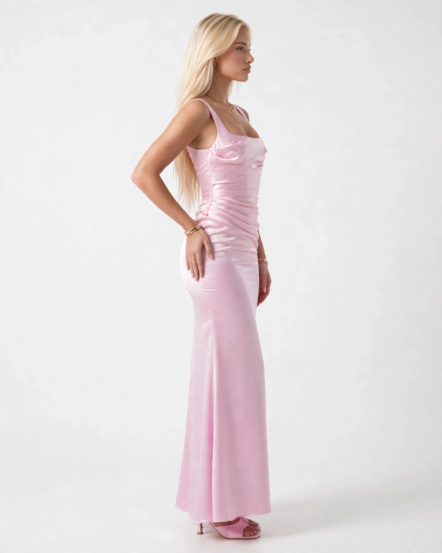 Nora soft pink satin column maxi gown, side view