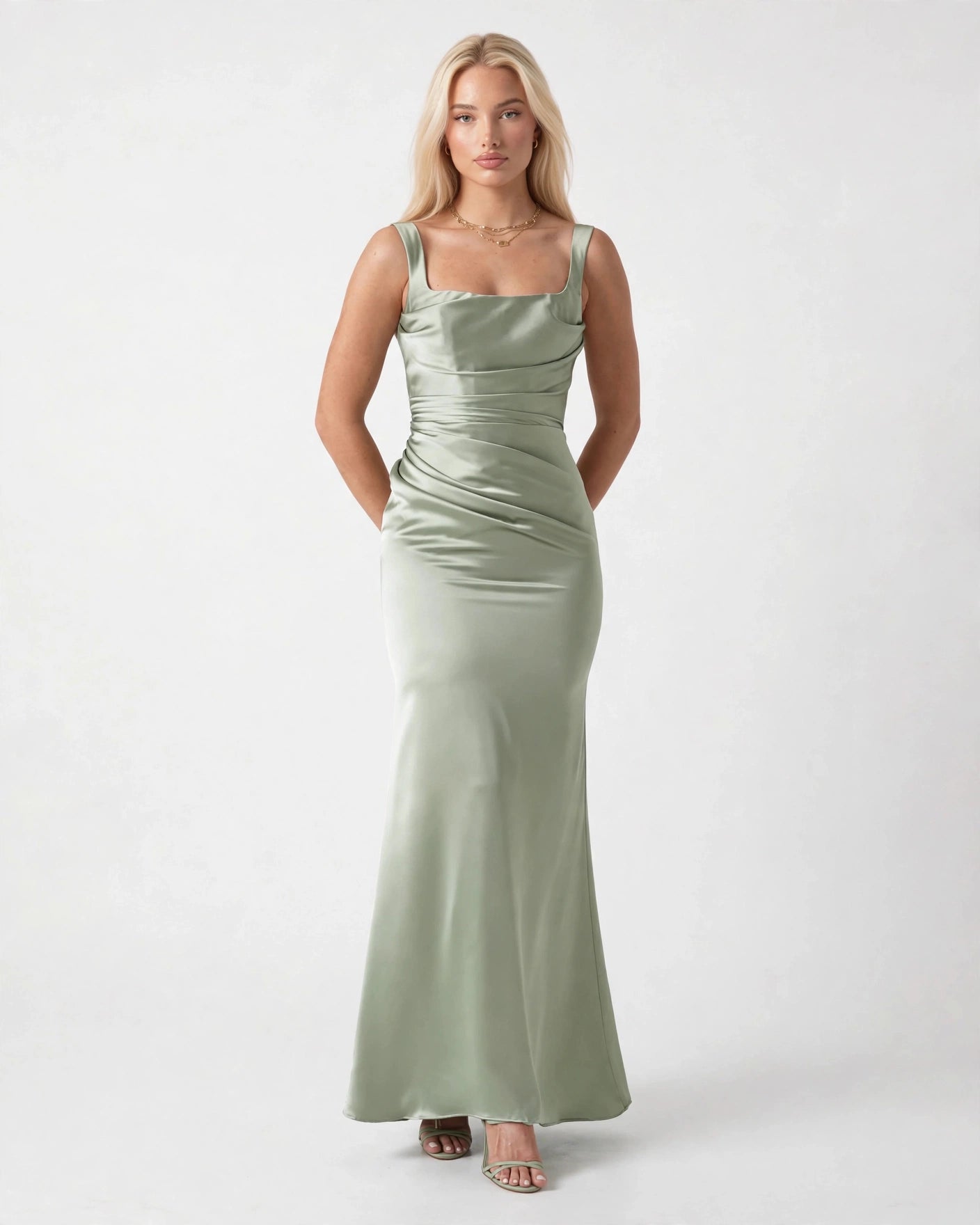 Nora sage green satin column maxi gown, front view