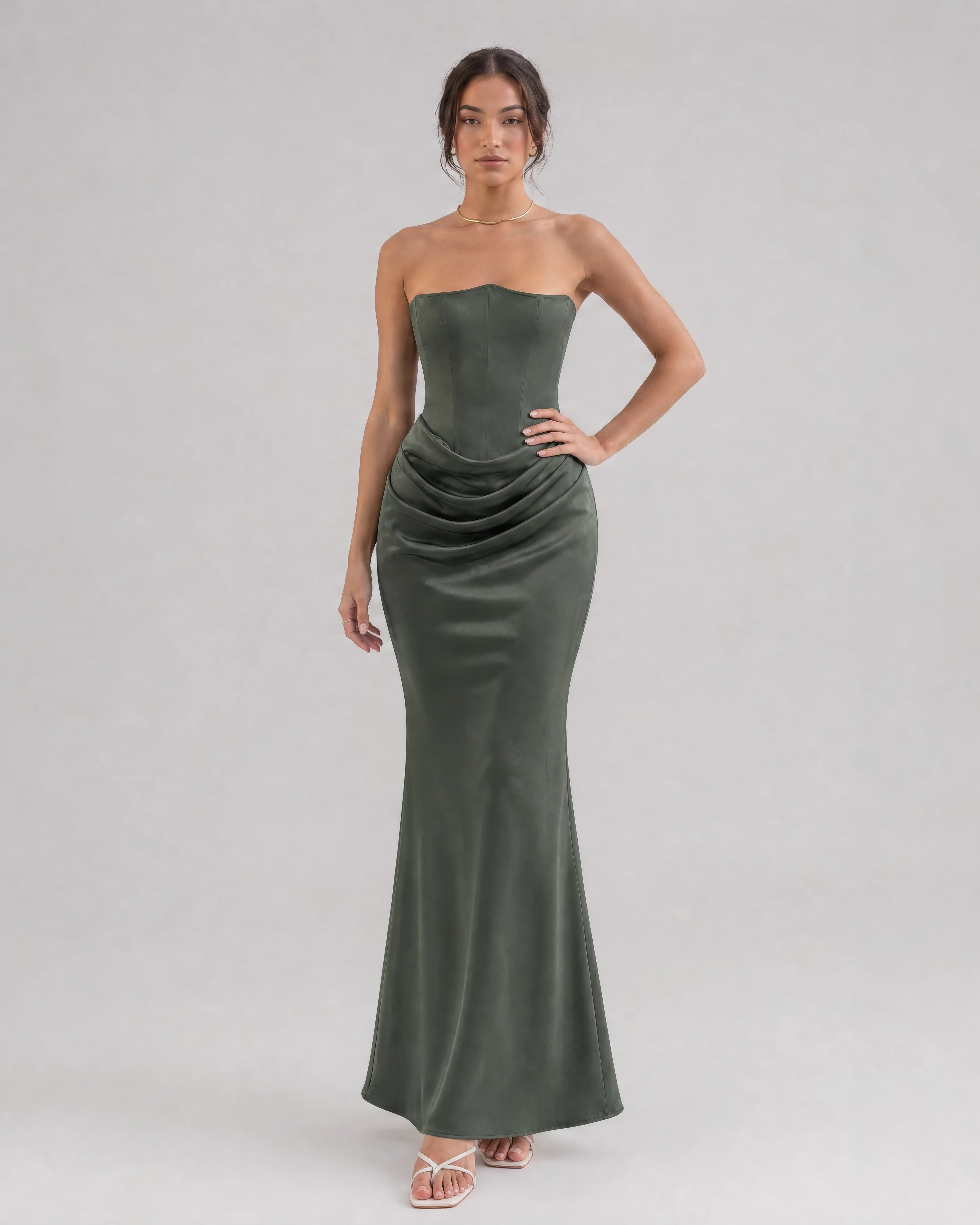 Ondine strapless corset maxi dress in olive green