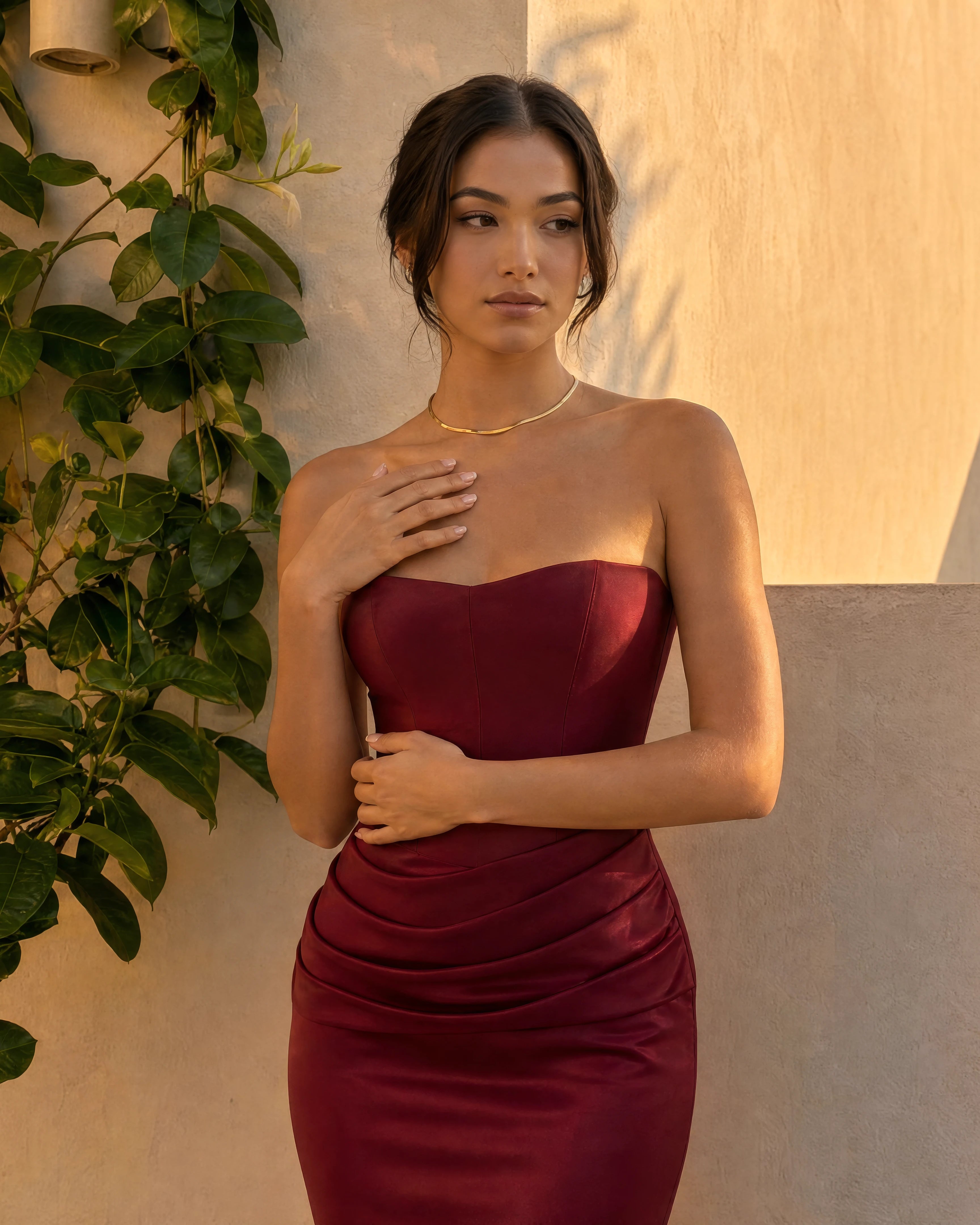 Ondine strapless corset maxi dress in wine red