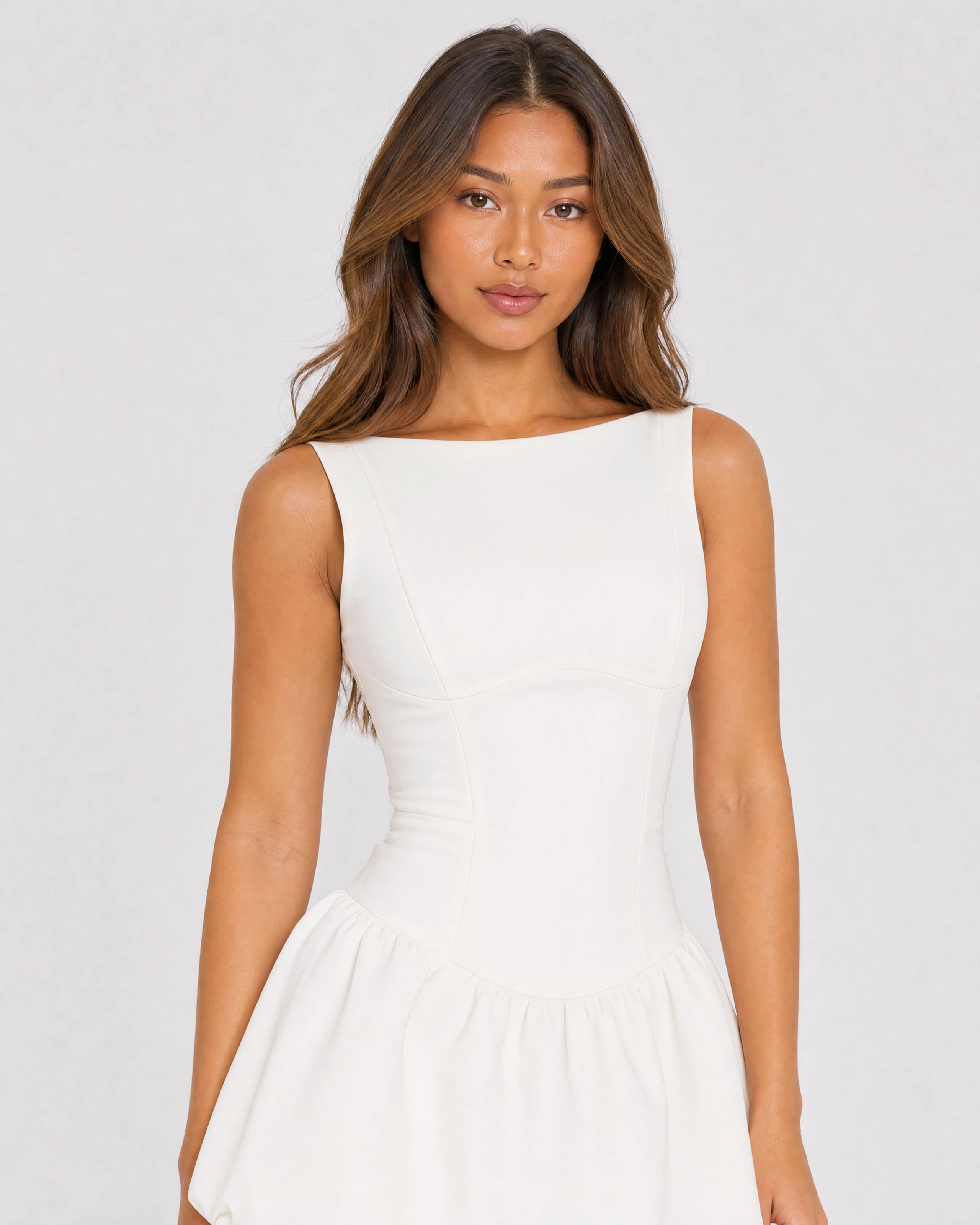 Poppy white boat neck mini dress with bubble skirt - waist-up close-up