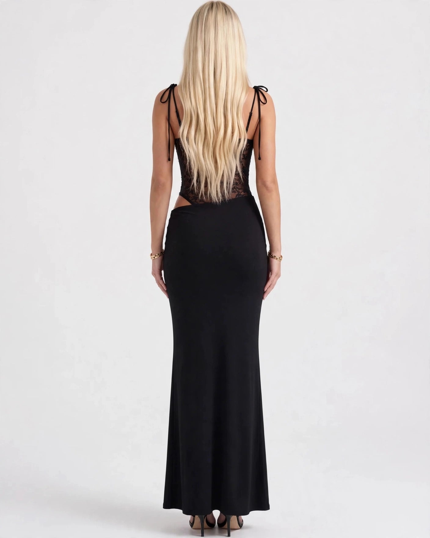 Rosalie black lace-waist maxi dress, back view