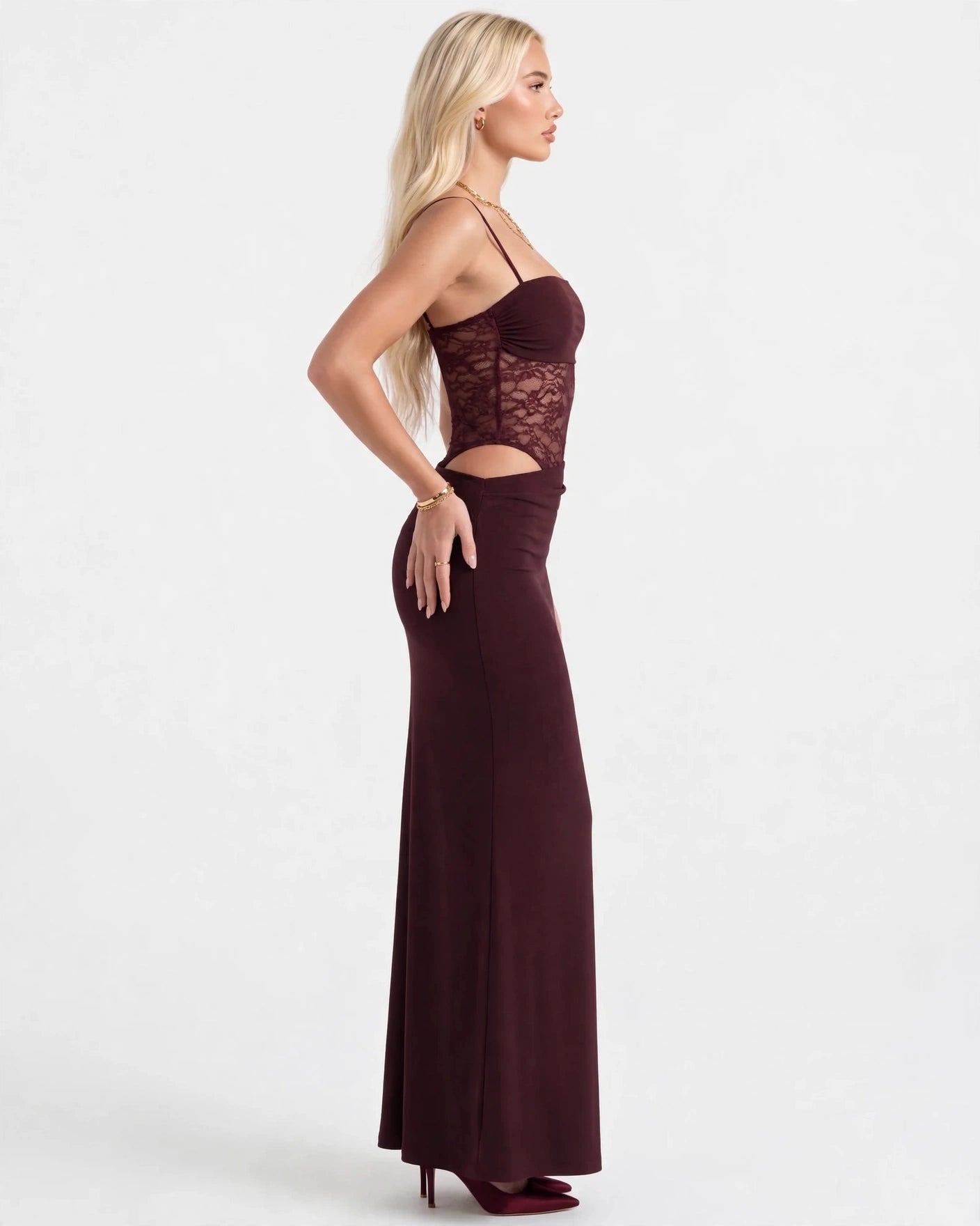 Rosalie burgundy lace-waist maxi dress, side view