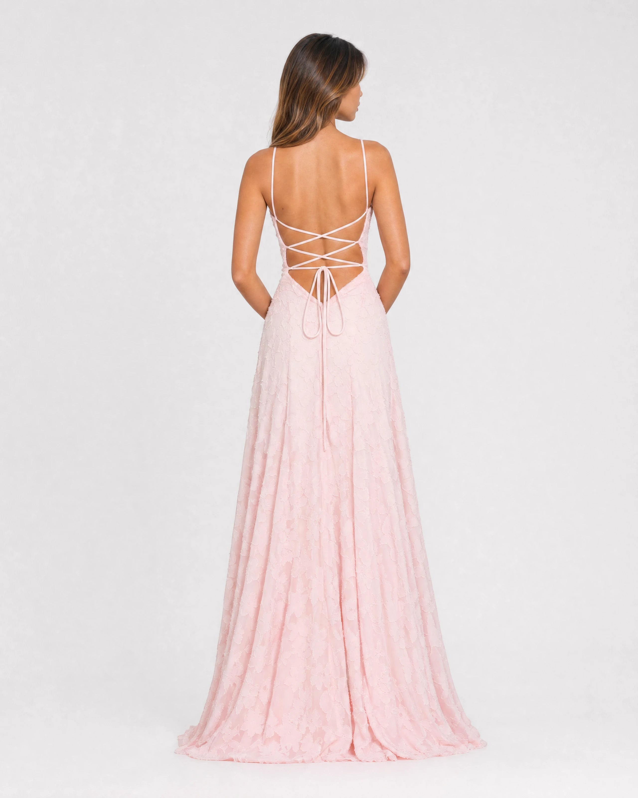 Rosewyn blush floral burnout maxi gown - back view with lace-up detail