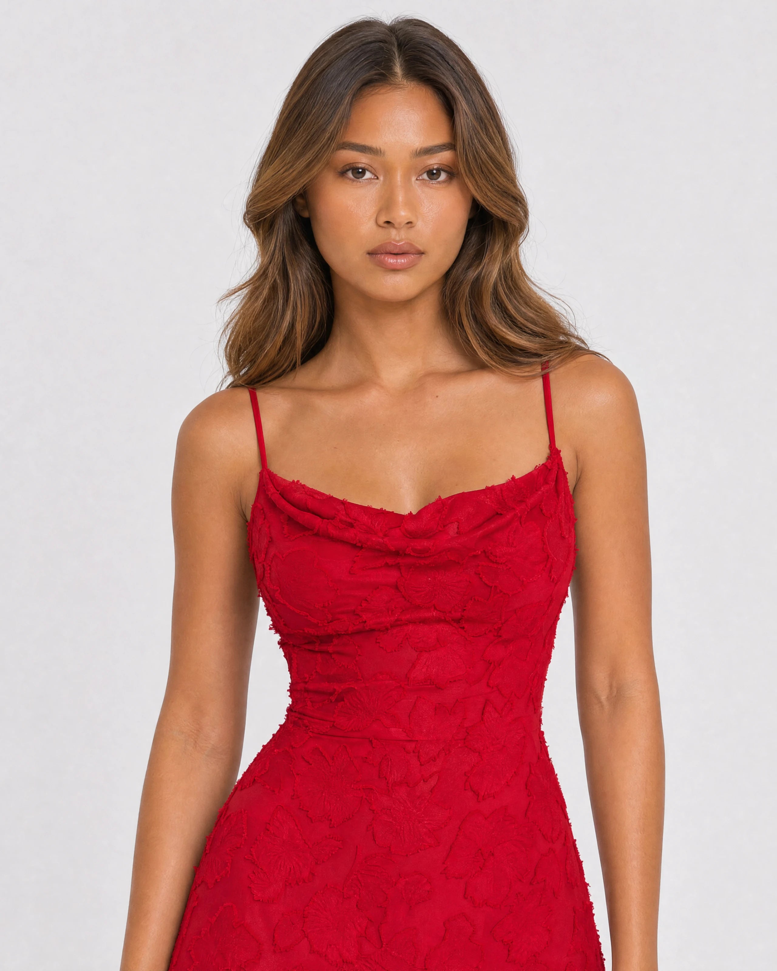 Rosewyn red floral burnout maxi gown - waist-up close-up