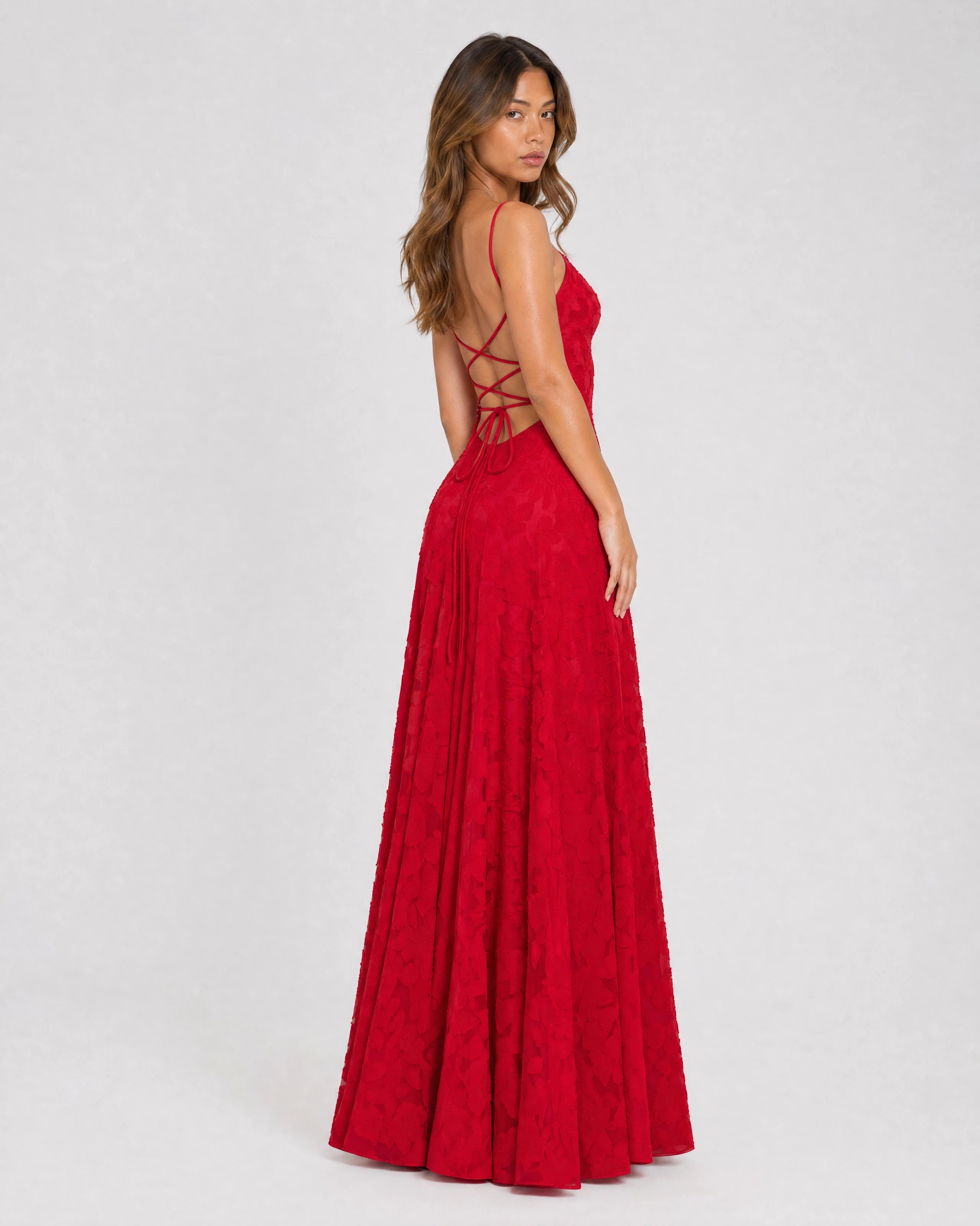 Rosewyn red floral burnout maxi gown - three-quarter back view