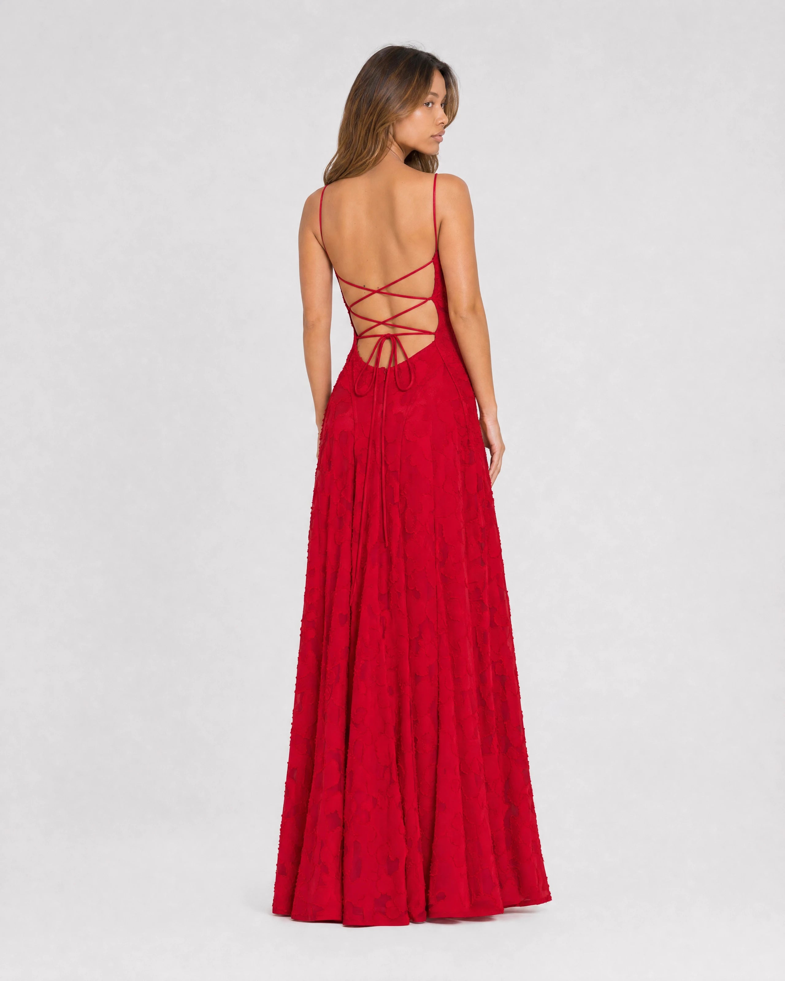 Rosewyn red floral burnout maxi gown - back view with lace-up detail