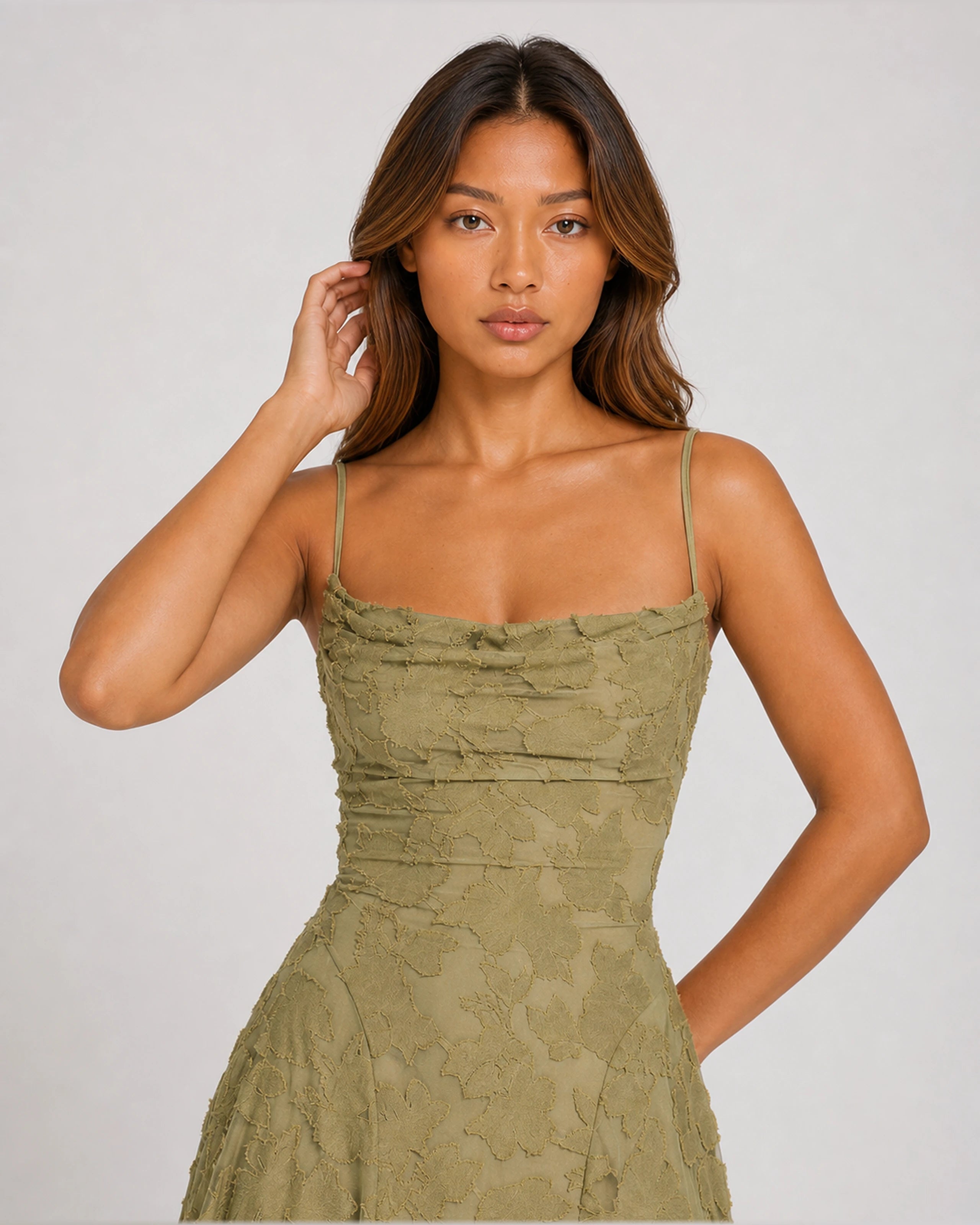 Rosewyn sage green floral burnout maxi gown - front close-up