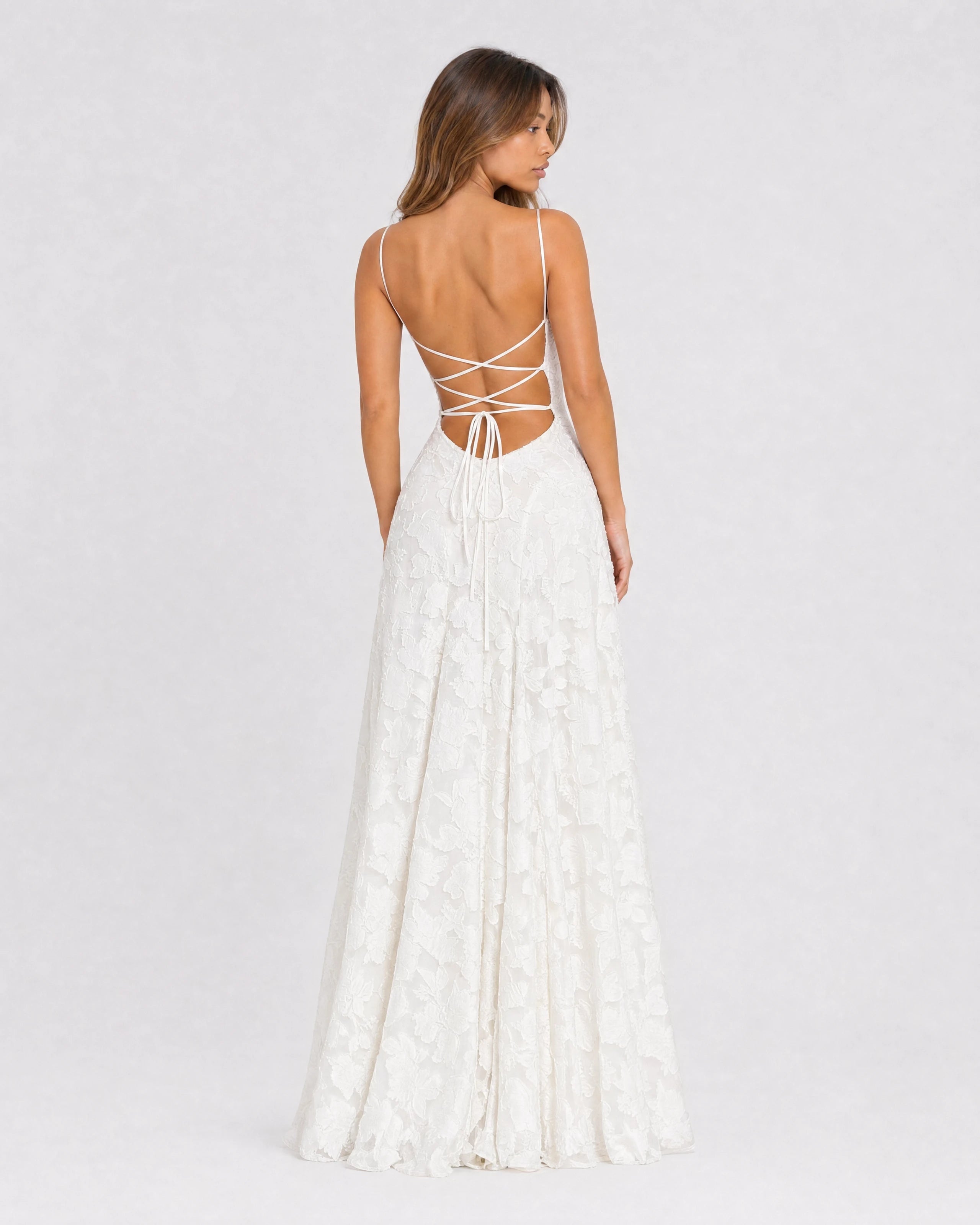 Rosewyn white floral burnout maxi gown - back view with lace-up detail