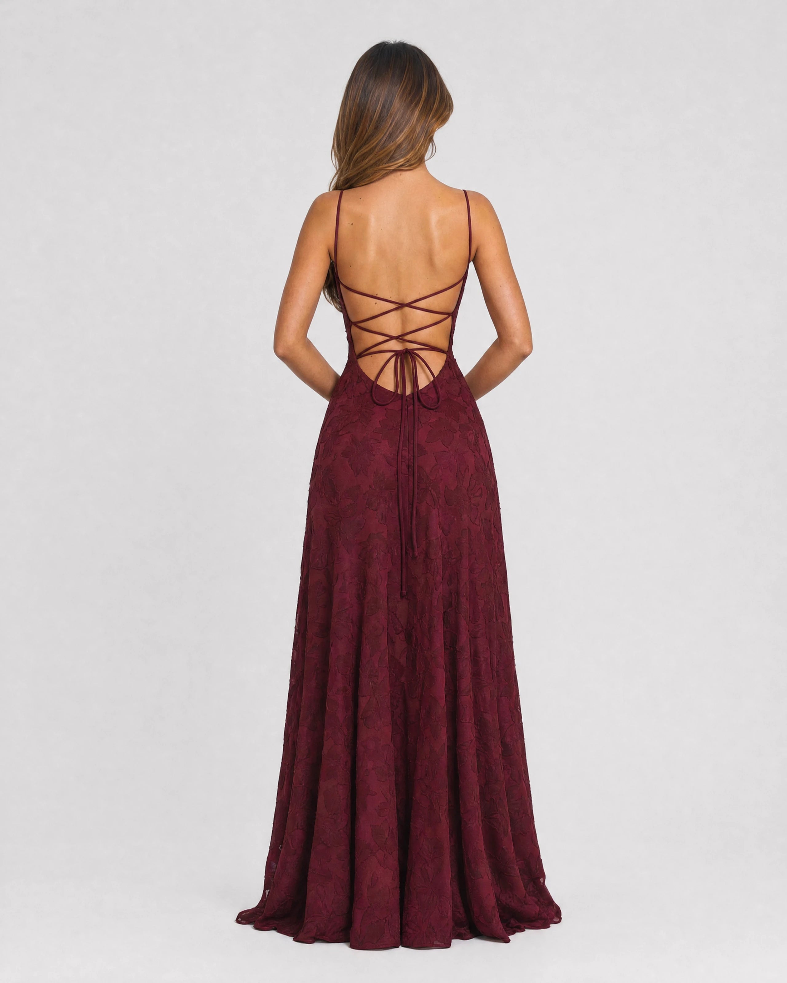 Rosewyn wine red floral burnout maxi gown - back view with lace-up detail