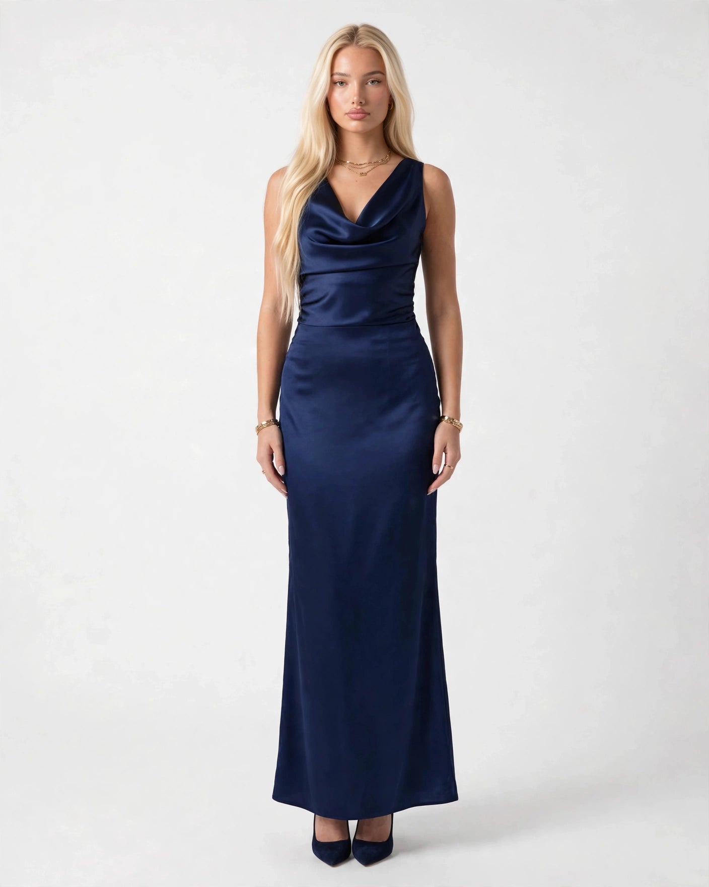 Sabine navy satin cowl neck maxi dress, front view