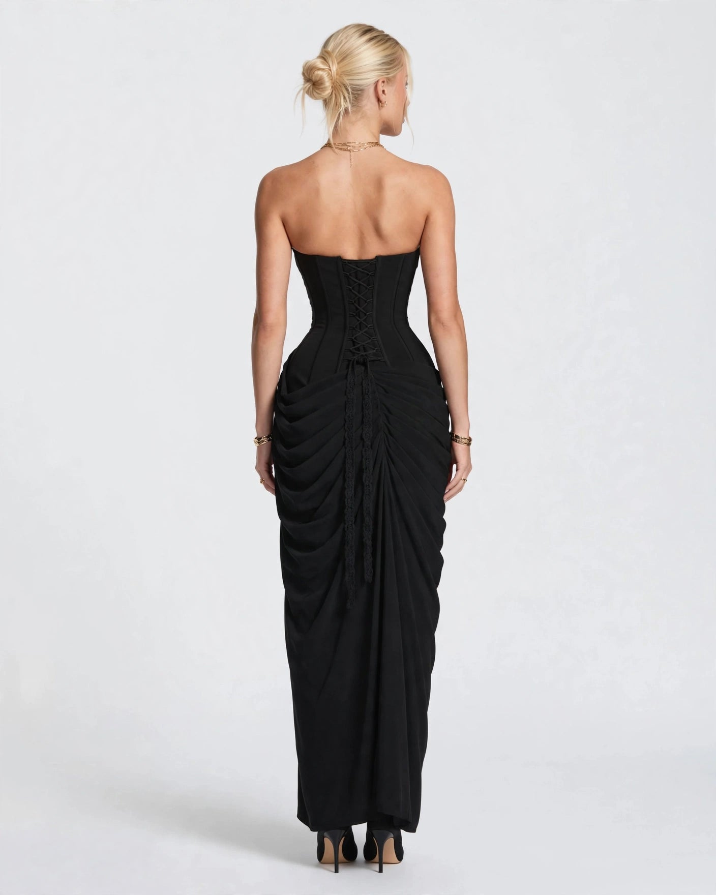 Seraphine black strapless corset column maxi gown, back view