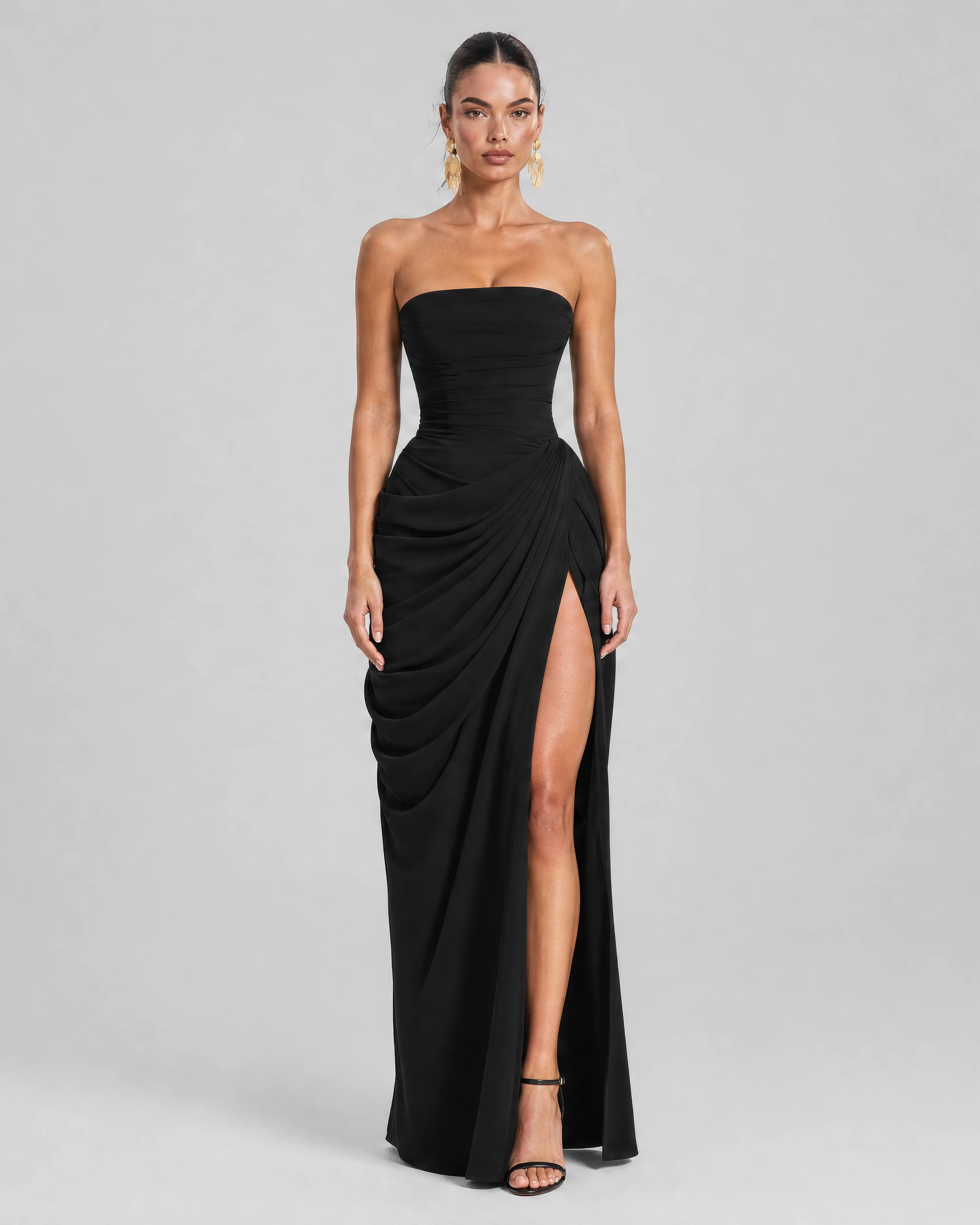 Seraphine black pleated corset maxi dress
