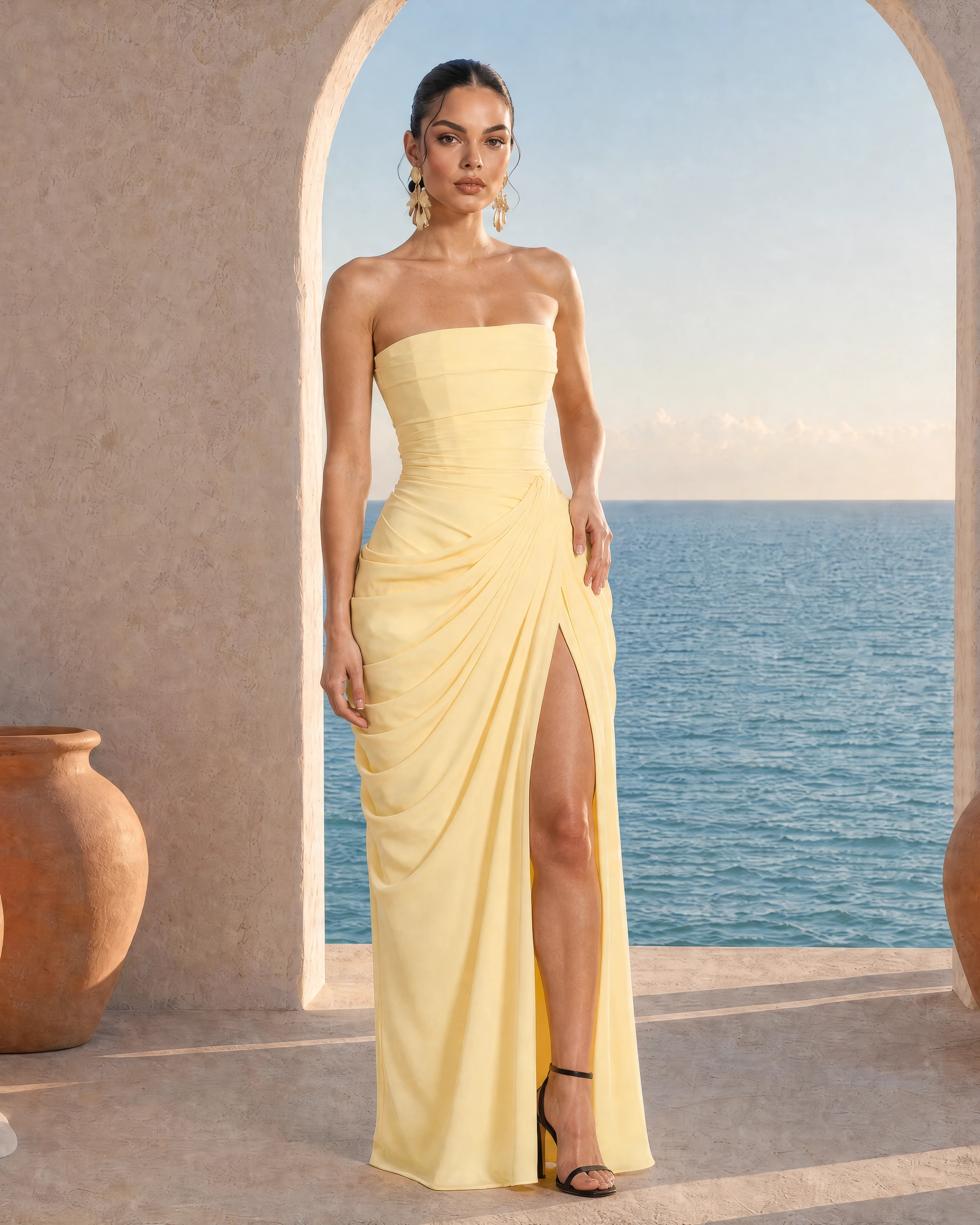 Seraphine butter yellow pleated corset maxi dress