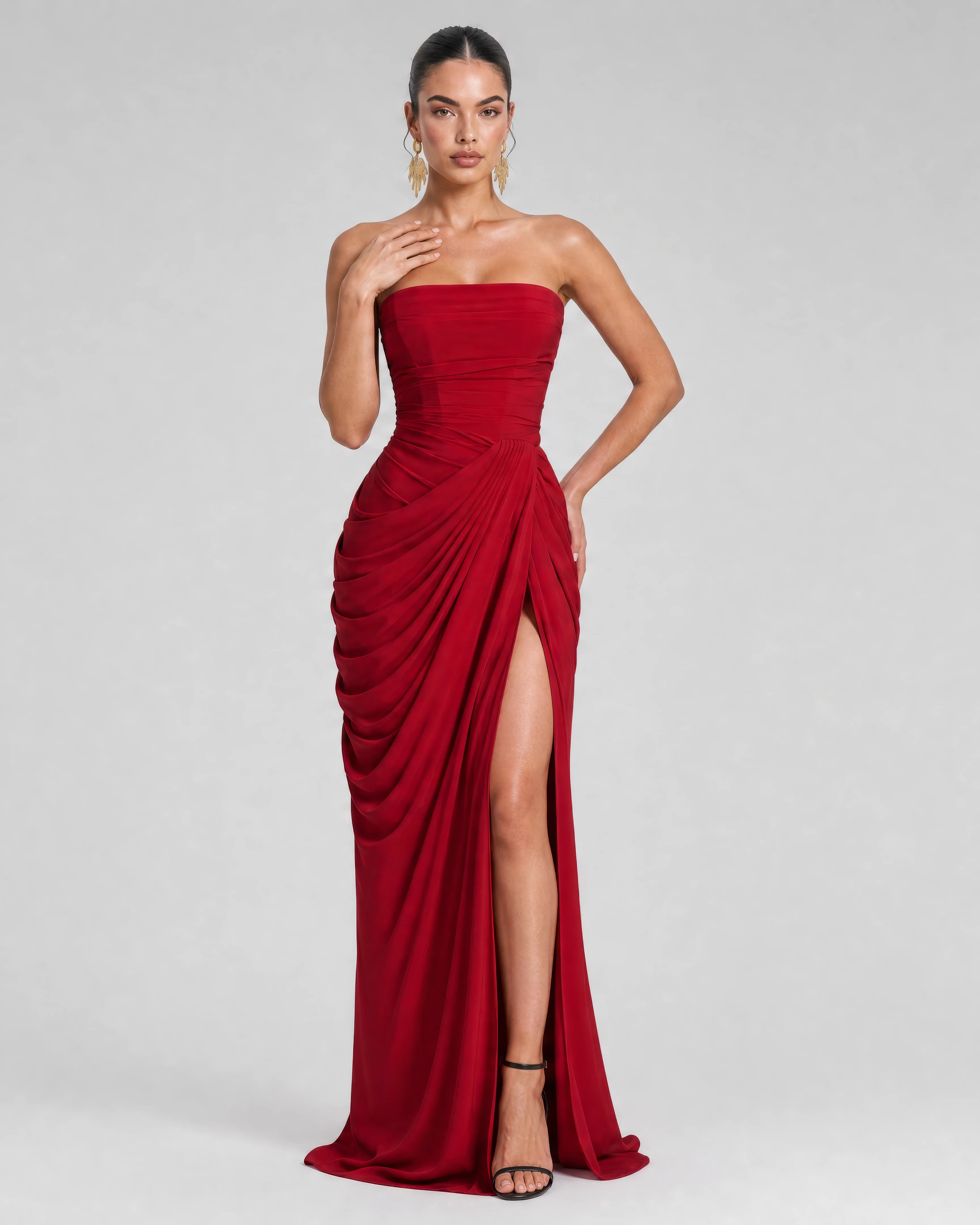 Seraphine wine red pleated corset maxi dress
