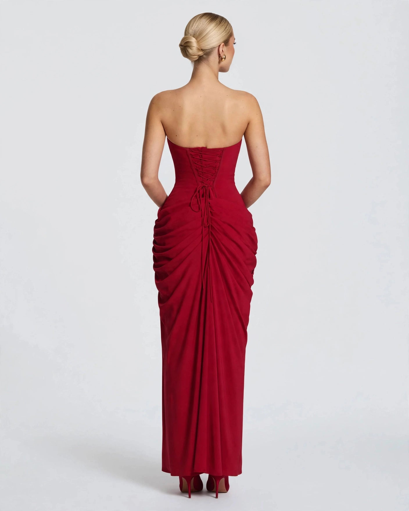 Seraphine wine red corset maxi gown, back view