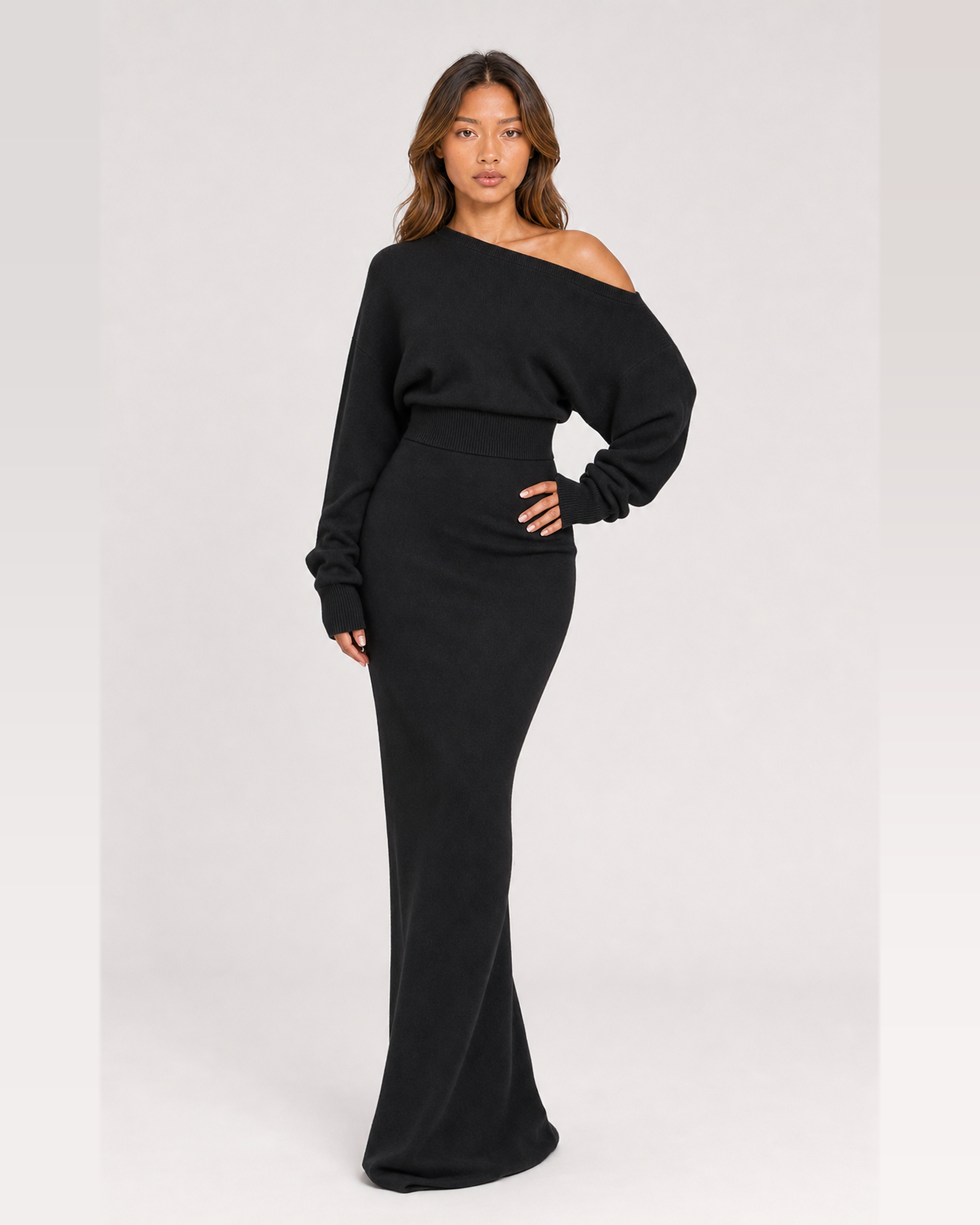 Odette black off-shoulder ribbed knit maxi dress, front view
