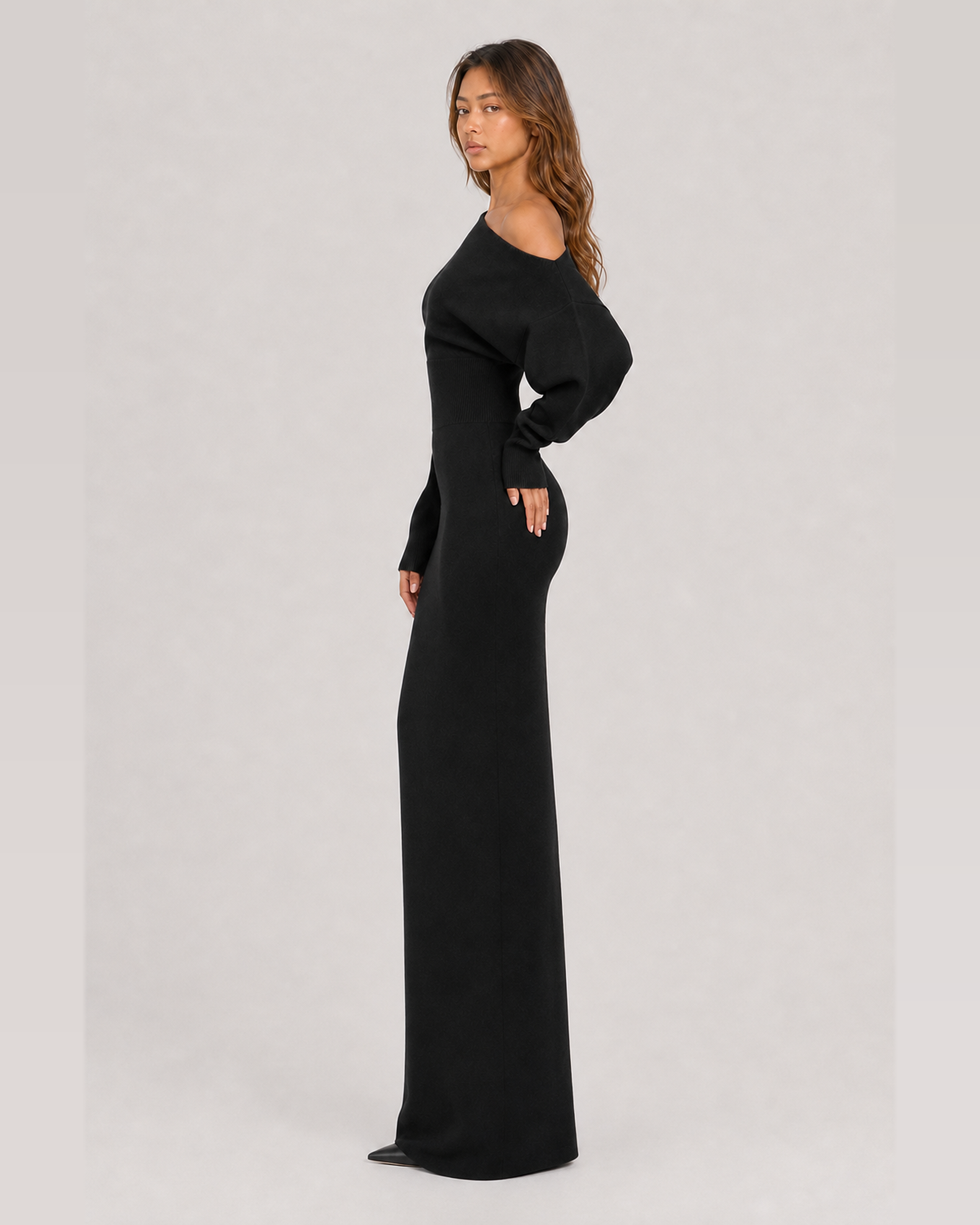 Odette black knit maxi dress, side view