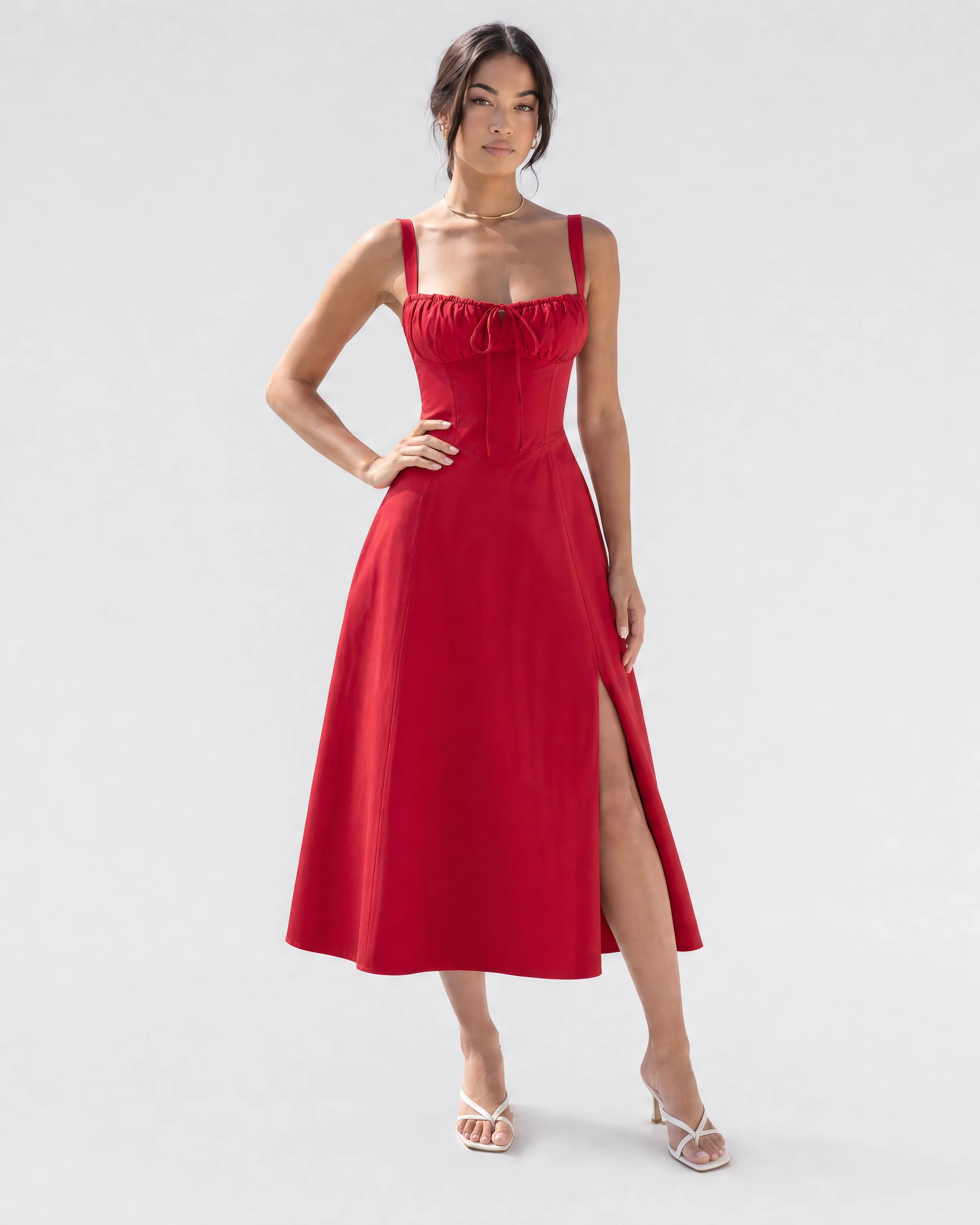 Soleil lace-up corset midi dress in red, studio
