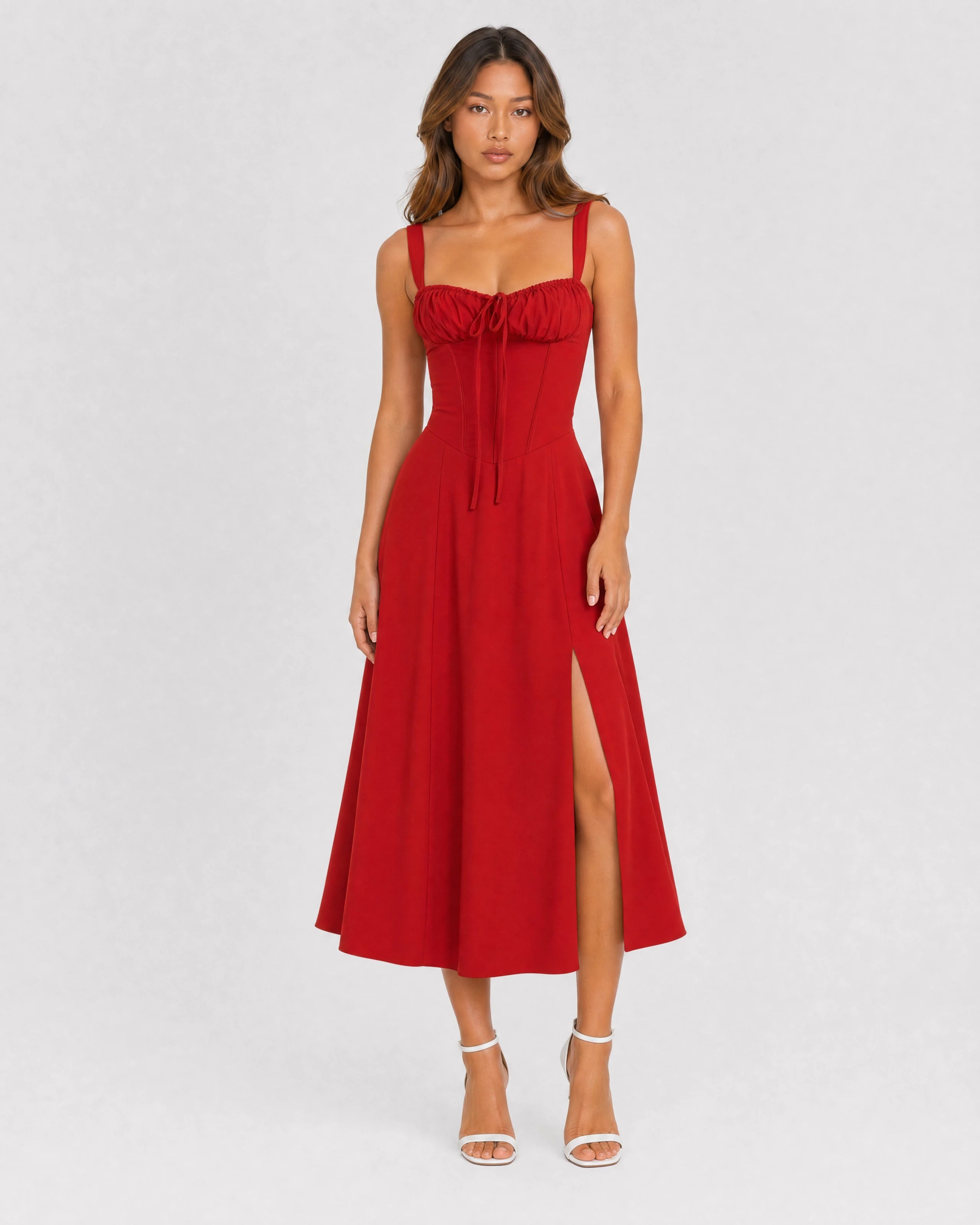 Soleil lace-up corset midi dress in red, front studio