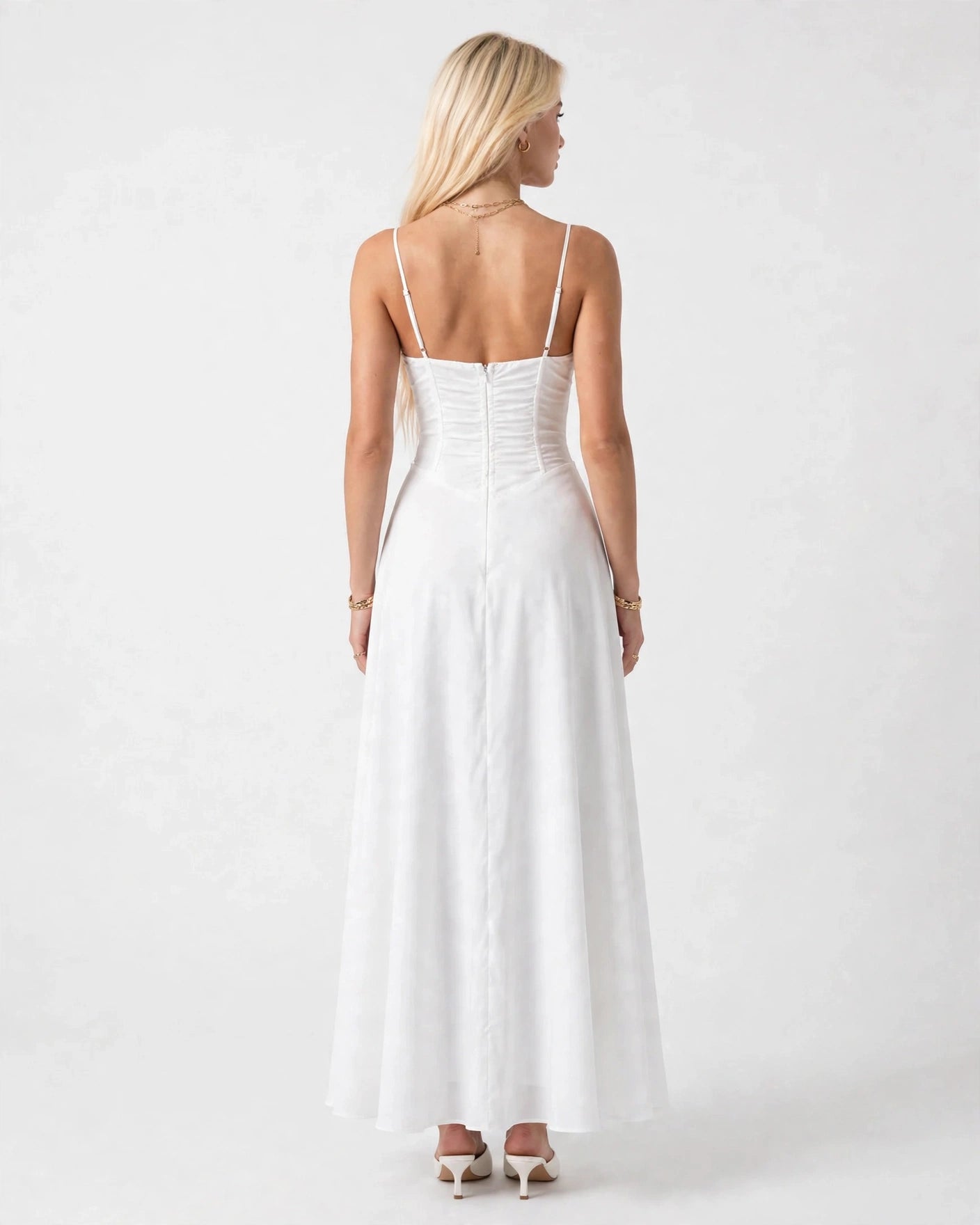 Soleil white lace-up corset midi dress, back view