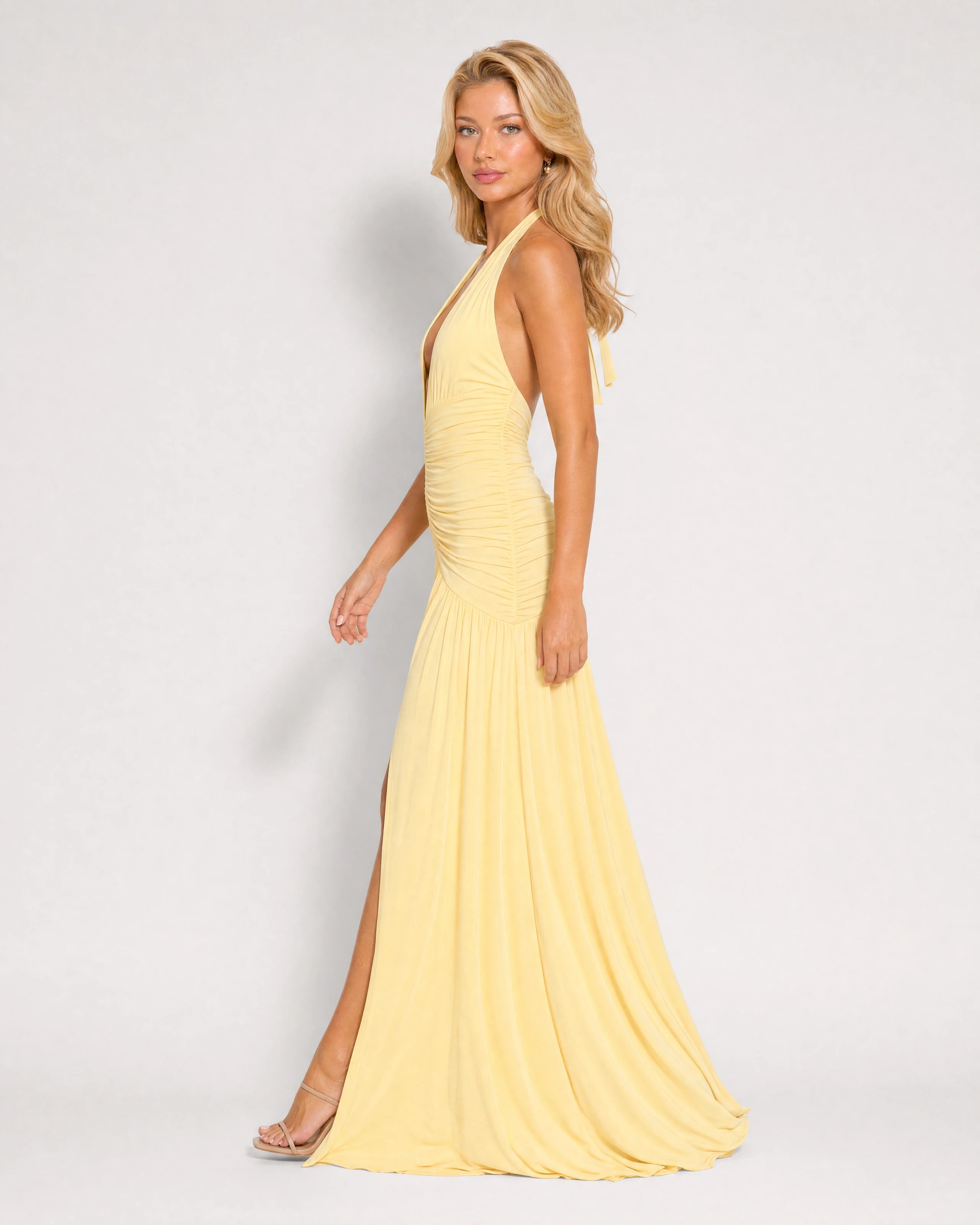 Solene butter yellow maxi dress - side profile