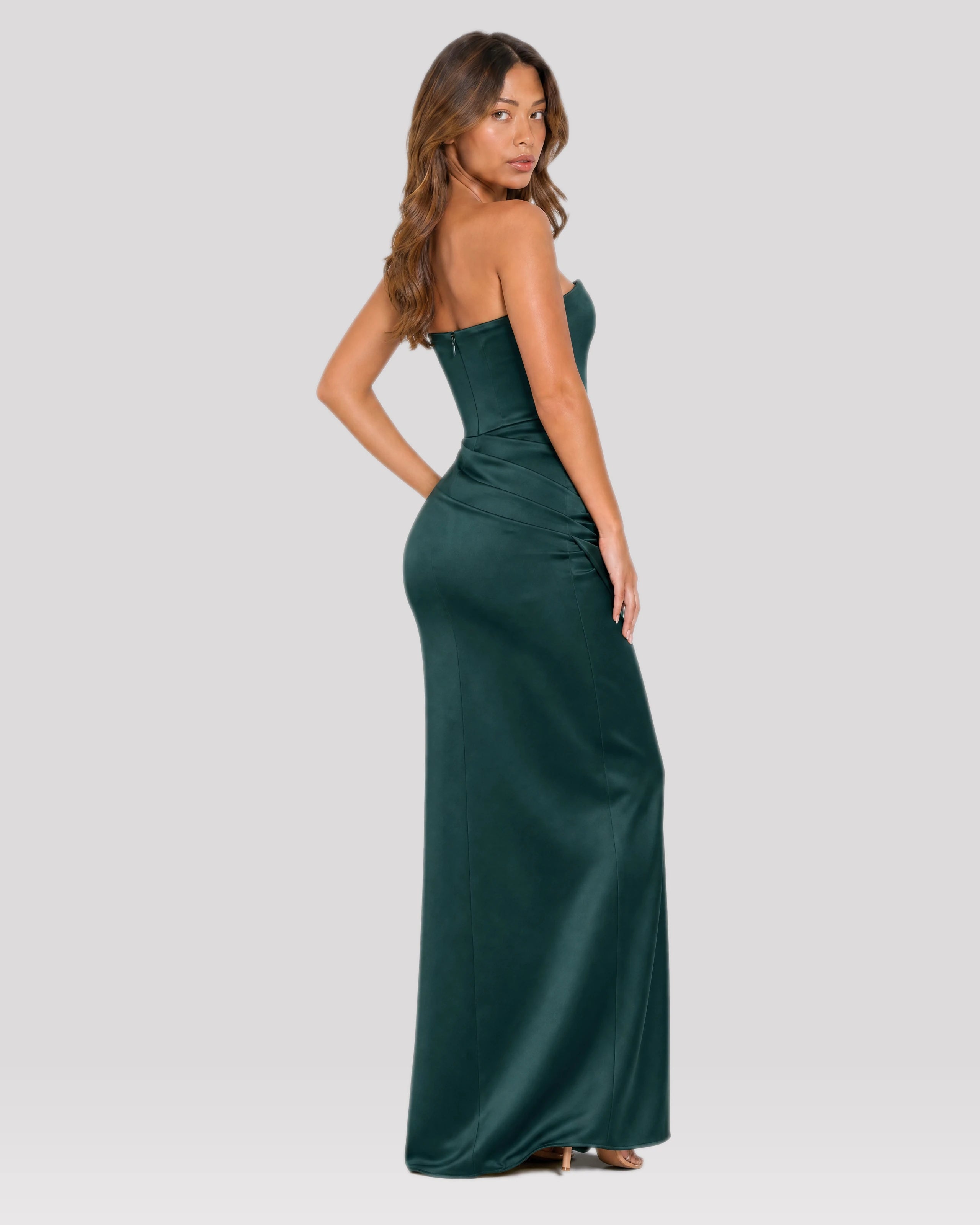 Ondine Forest Green satin maxi dress, three-quarter back