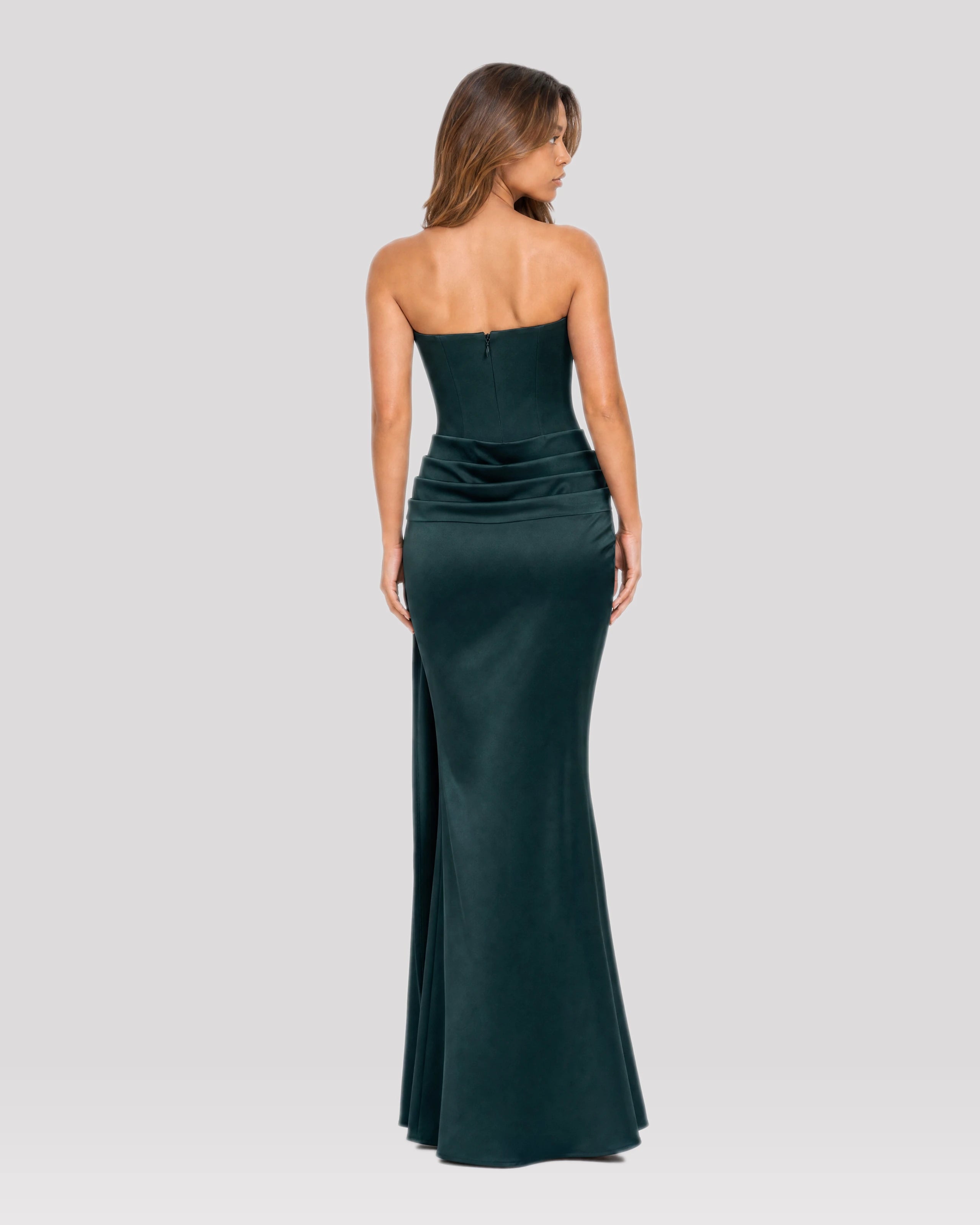 Ondine Forest Green satin maxi dress, back view