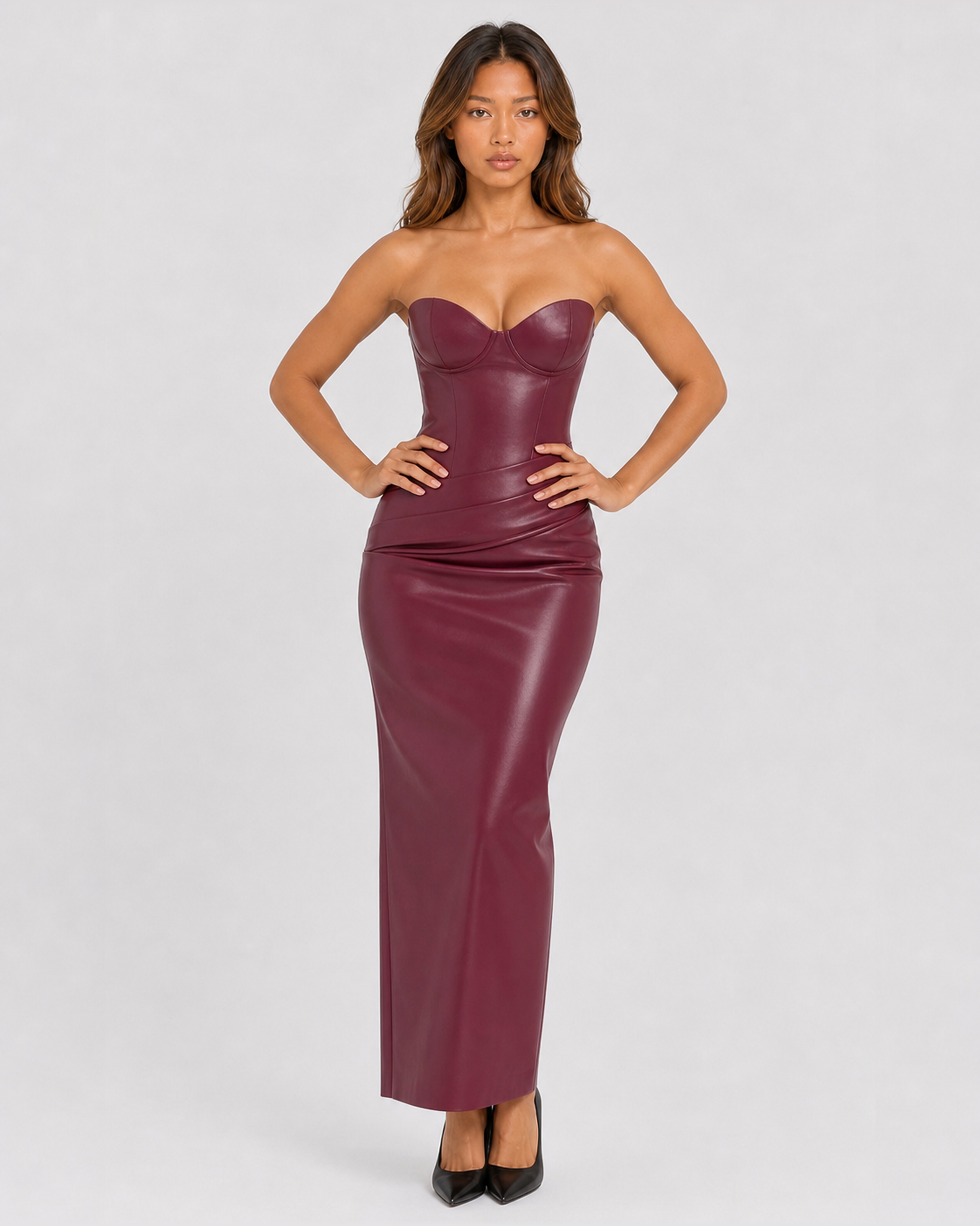Lenora burgundy strapless corset vegan-leather midi dress front view