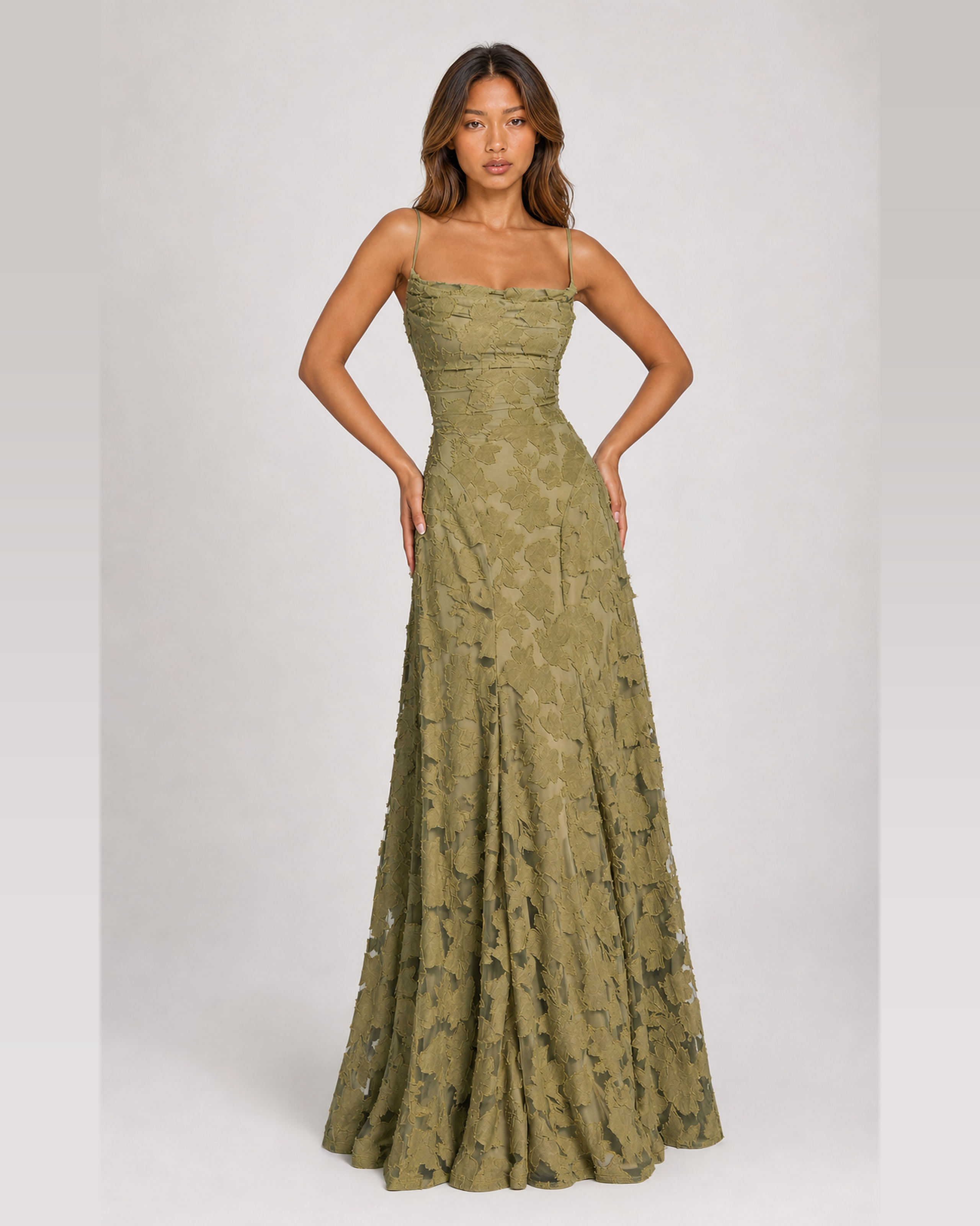Cecily sage green floral applique A-line maxi dress - front