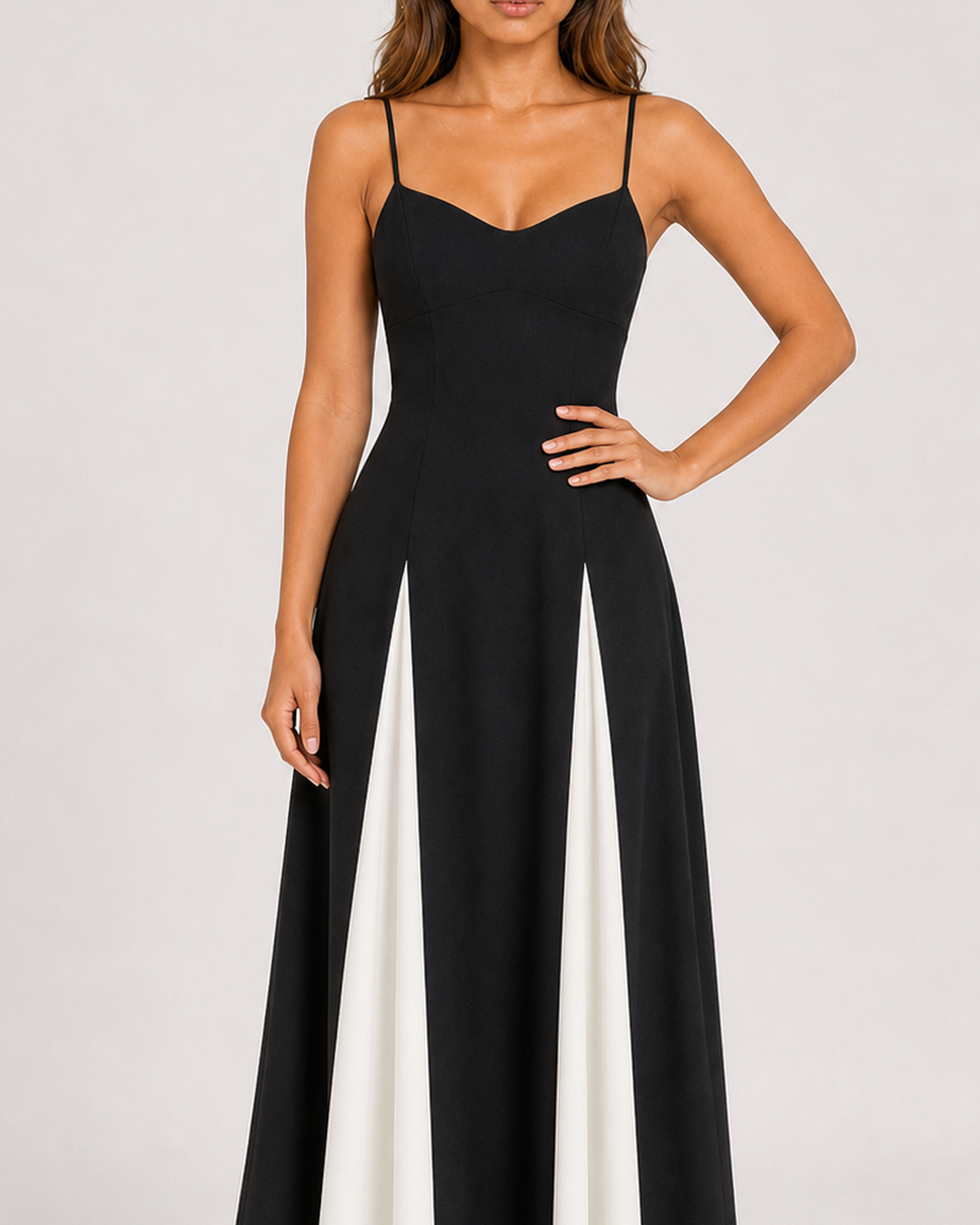 Isadora black and white maxi dress - sweetheart bodice close-up