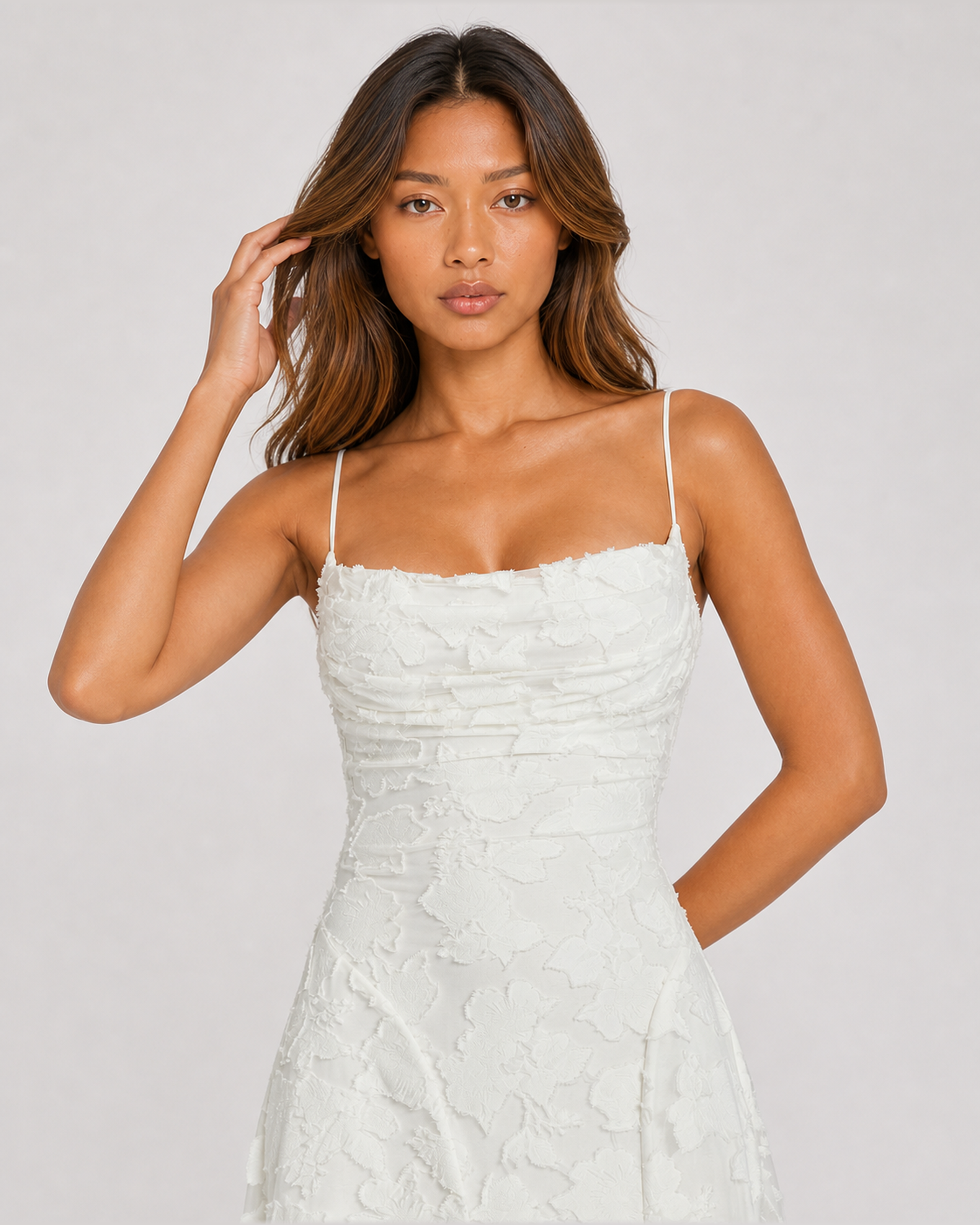 Cecily white floral applique maxi dress - draped neckline and ruched bodice close-up