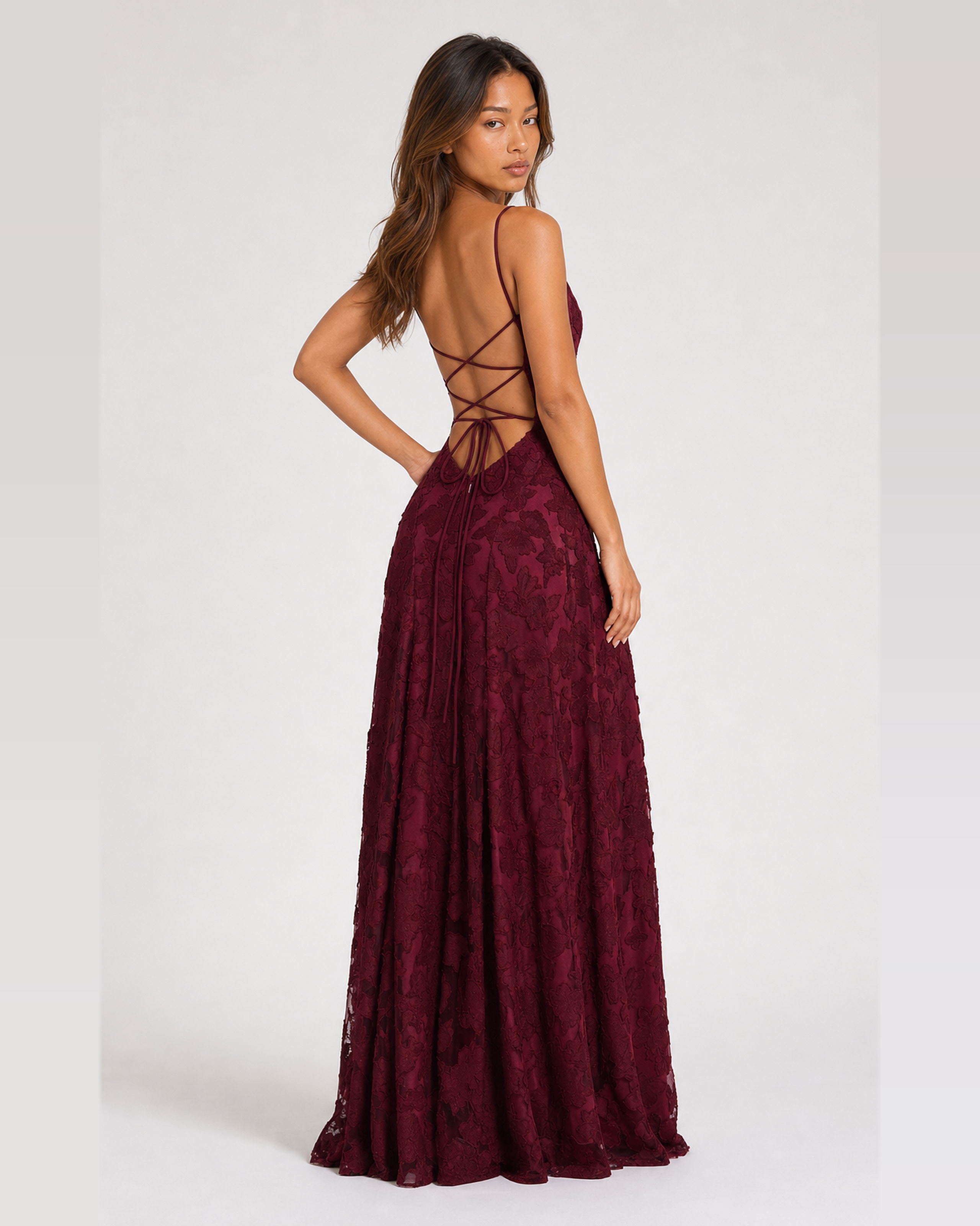 Cecily Kersen Rood lace-up back over-shoulder view