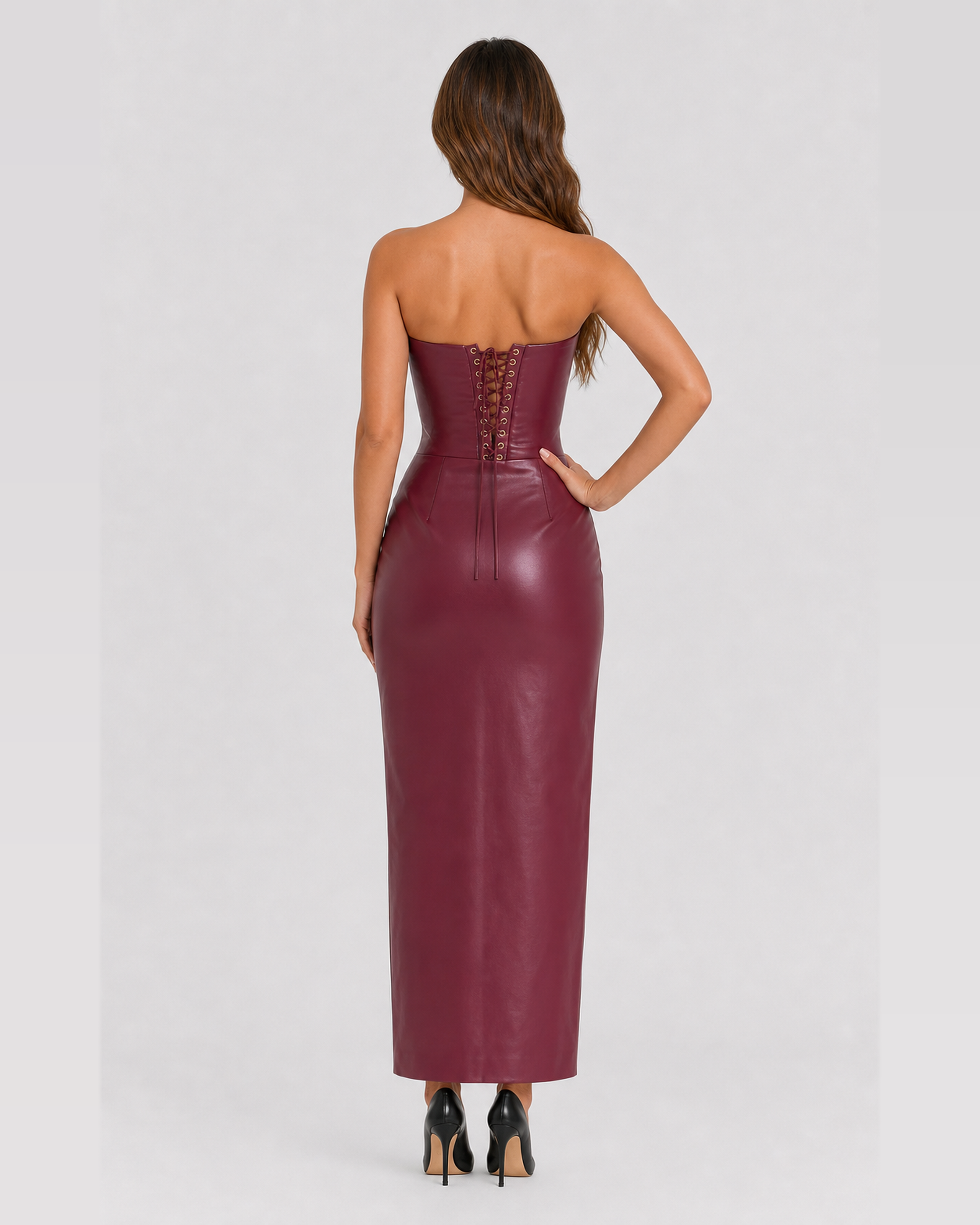 Lenora burgundy lace-up corset dress straight back view