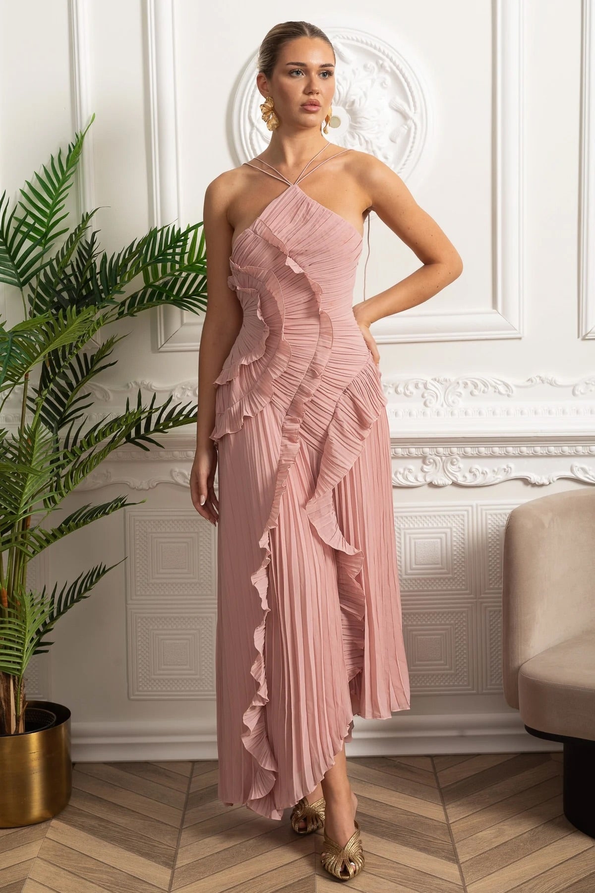Aveline | Pink Asymmetric Pleated Halter Ruffle Maxi Dress