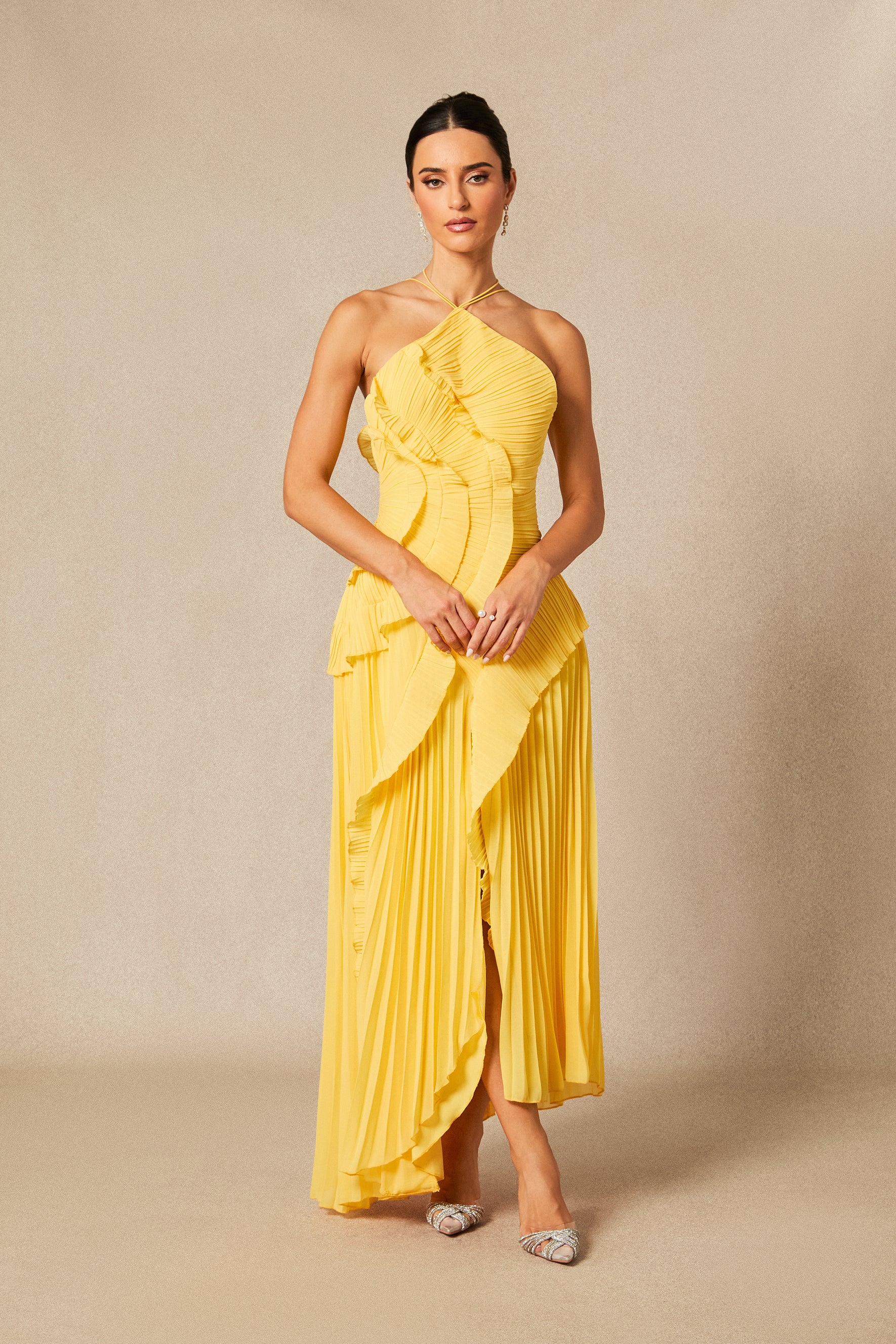 Aveline Lemon asymmetric pleated halter ruffle maxi dress, front view
