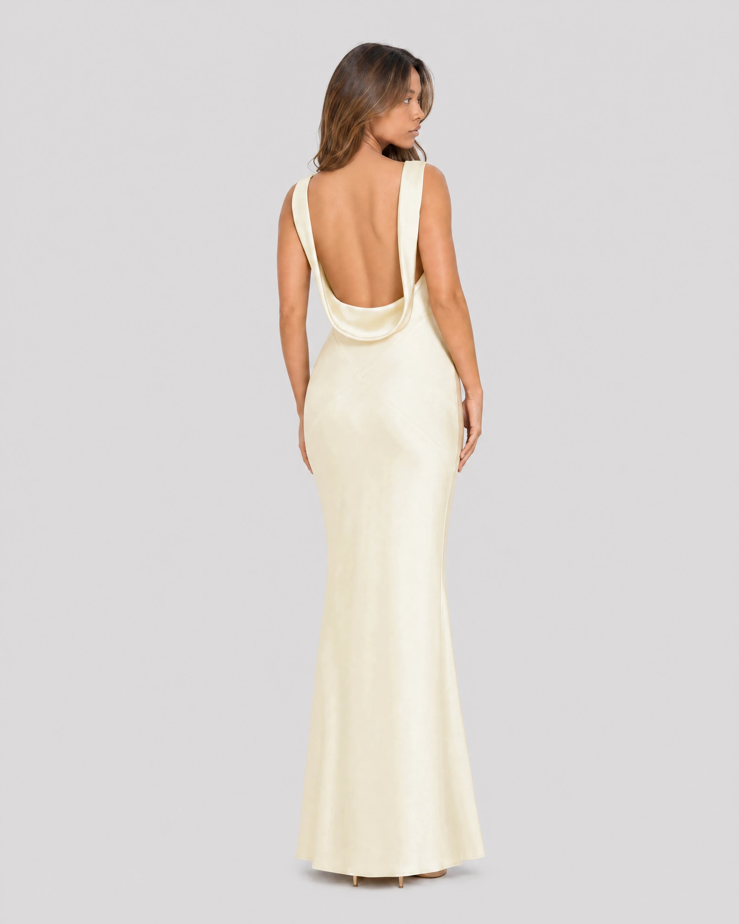 Delilah yellow cowl-neck satin maxi back