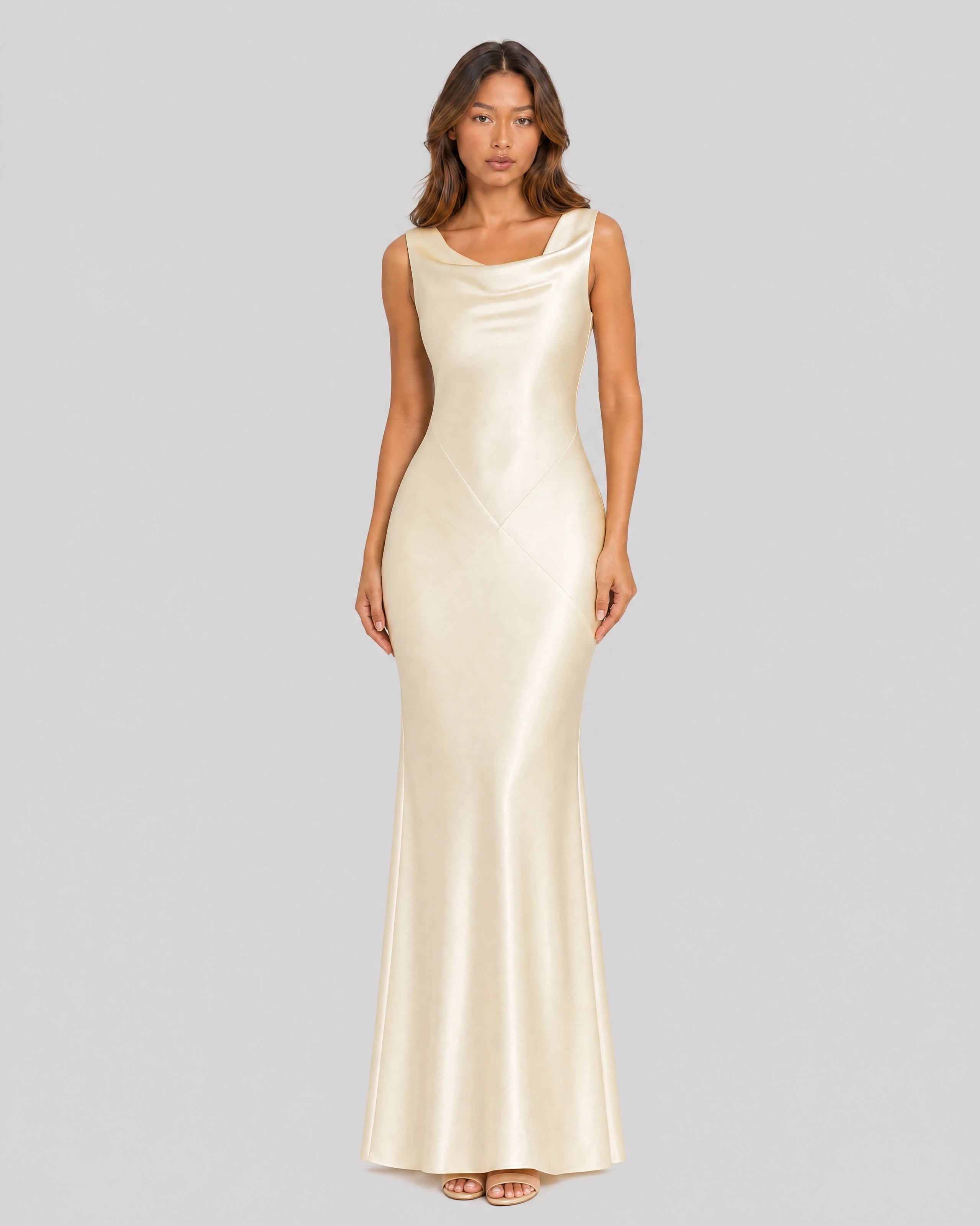 Delilah yellow cowl-neck satin maxi front